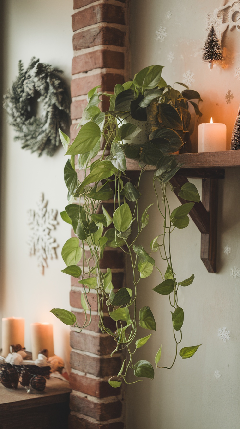 A lush pothos plant with trailing vines on a shelf, surrounded by winter decorations including candles and a wreath.