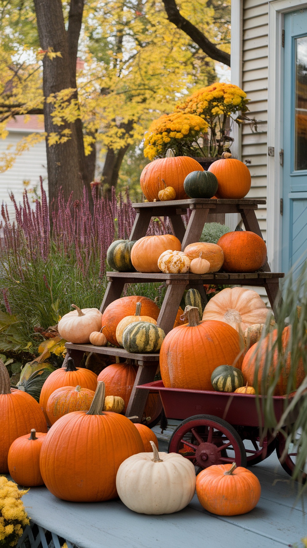 A variety of pumpkins and gourds arranged on a porch, showcasing fall colors.