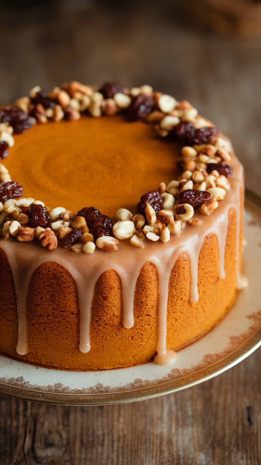 A beautifully decorated pumpkin spice cake topped with nuts and raisins, showcasing a golden brown color and a glossy glaze.