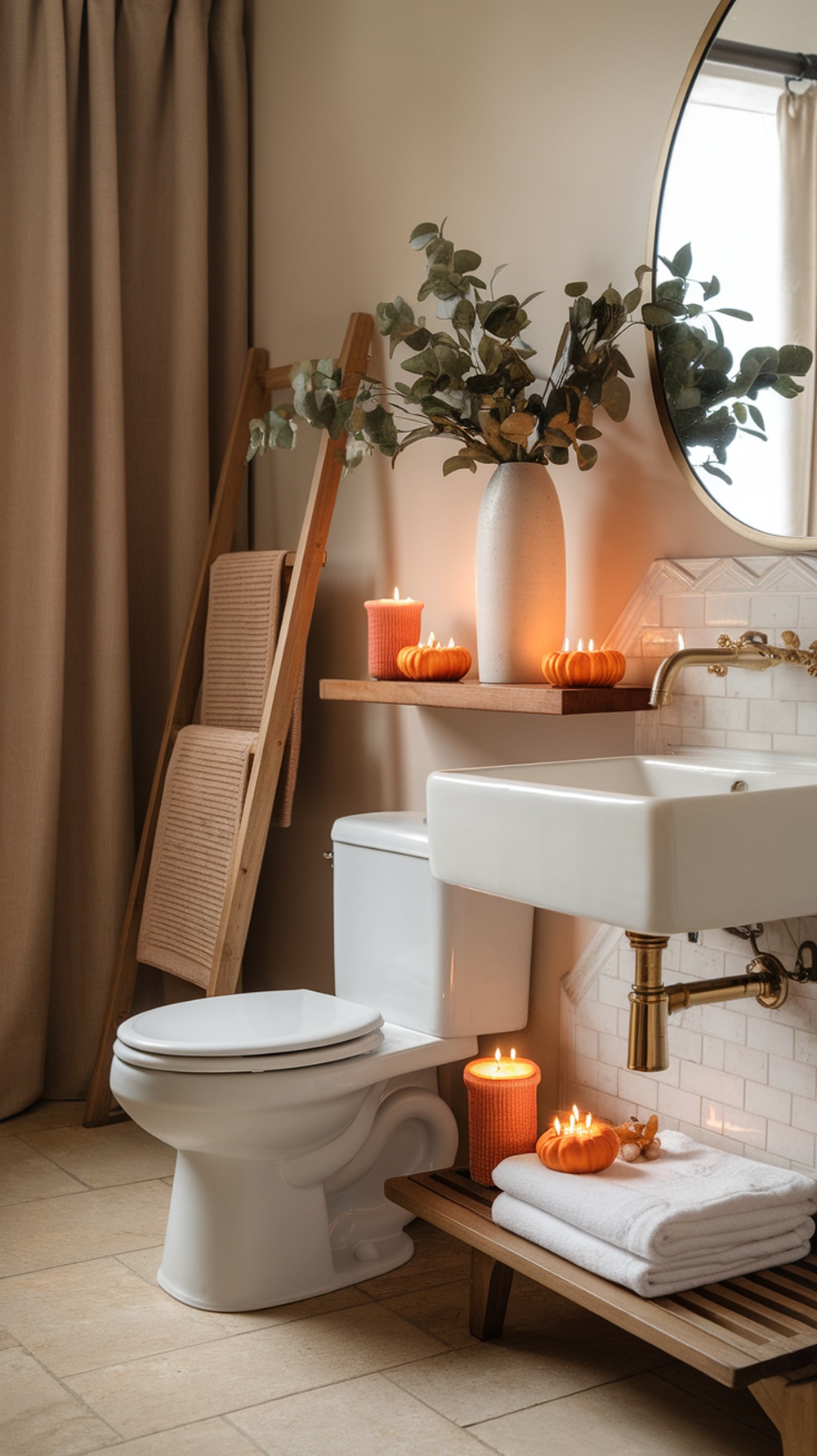 A cozy bathroom with pumpkin spice scented candles and decorative pumpkins.