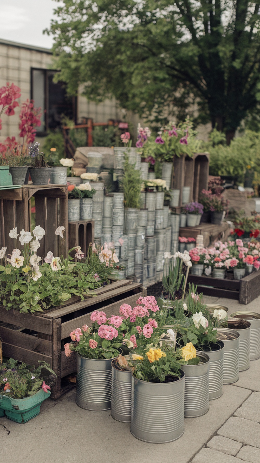 A display of repurposed garden containers made from tin cans and wooden crates filled with colorful flowers.
