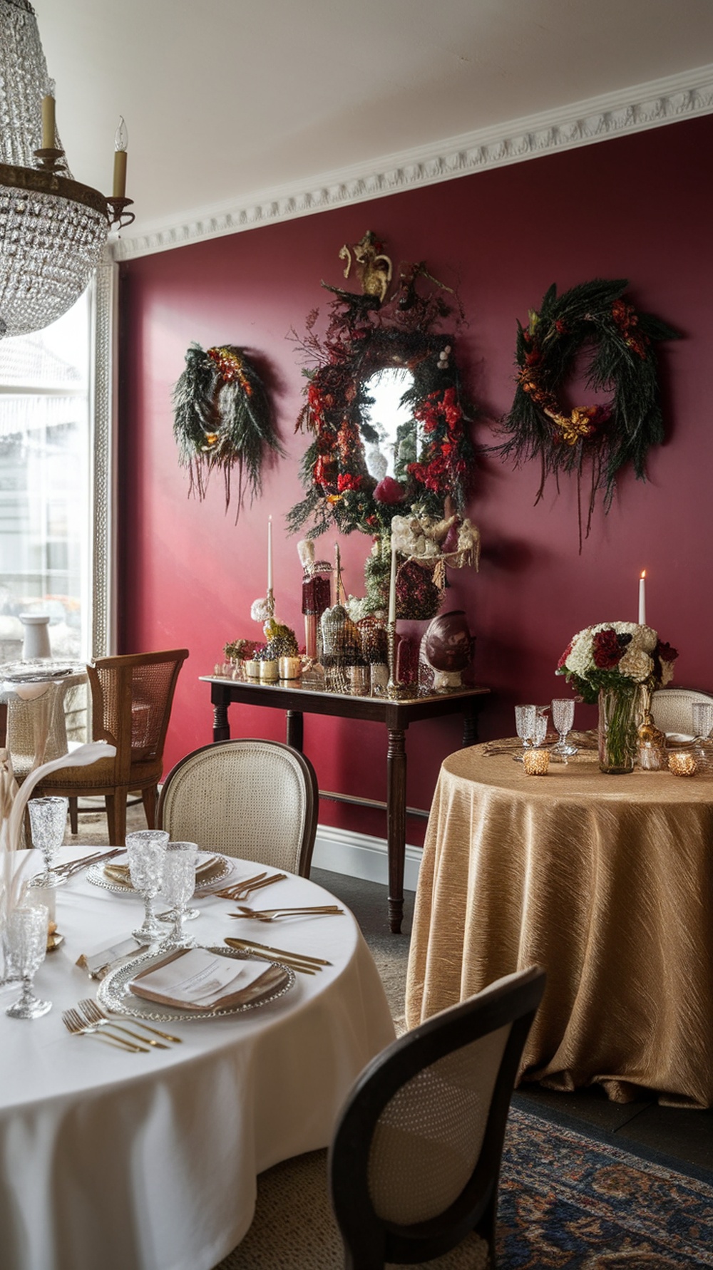 A dining area with rich burgundy walls, decorated with wreaths and elegant table settings.