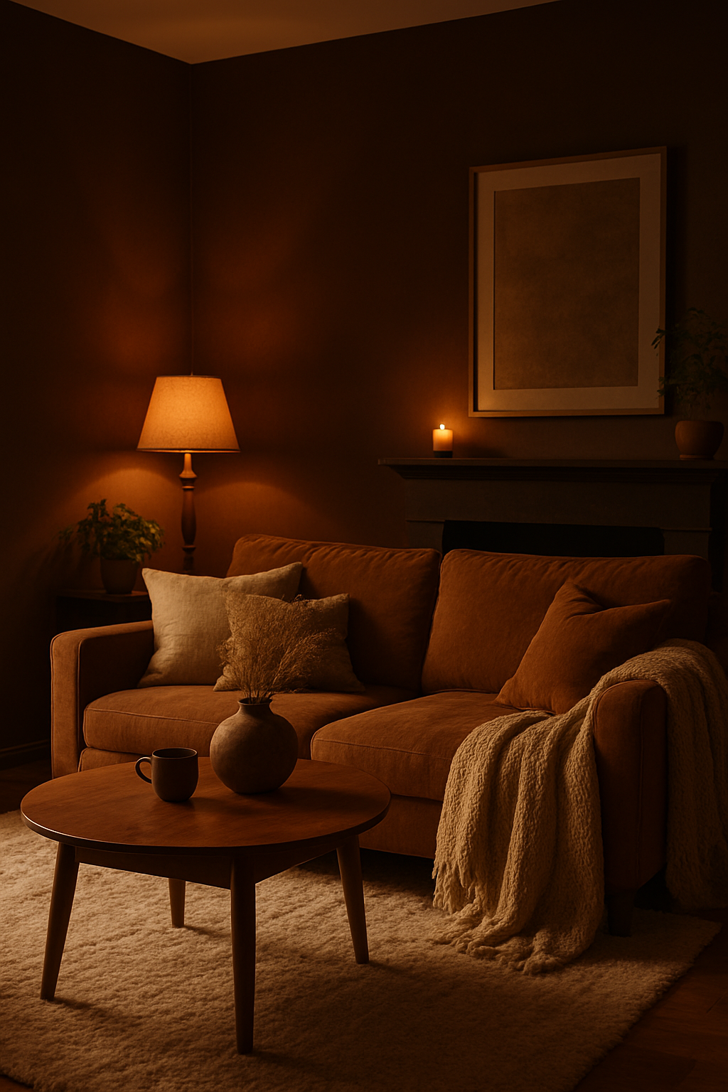 A cozy living room featuring a rich chocolate brown sofa, warm lighting, and a wooden coffee table.