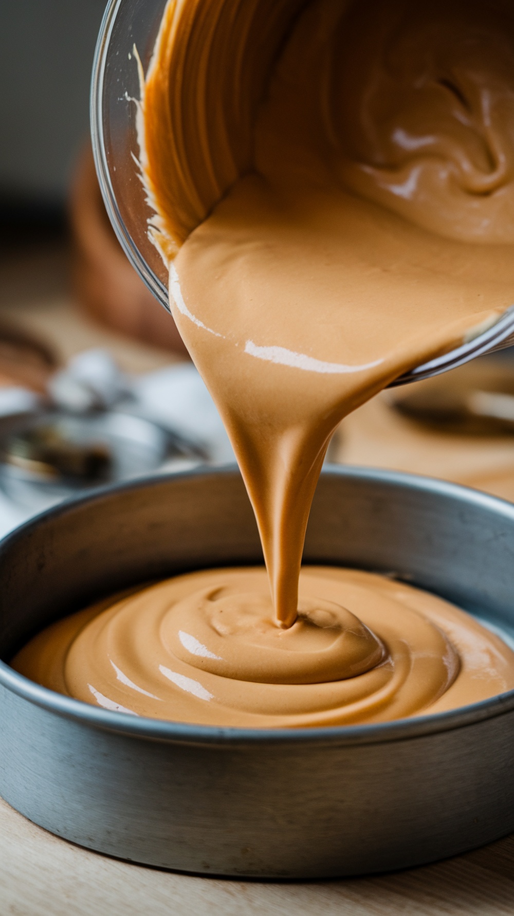 Pouring a creamy caramel mixture into a cake pan for cheesecake