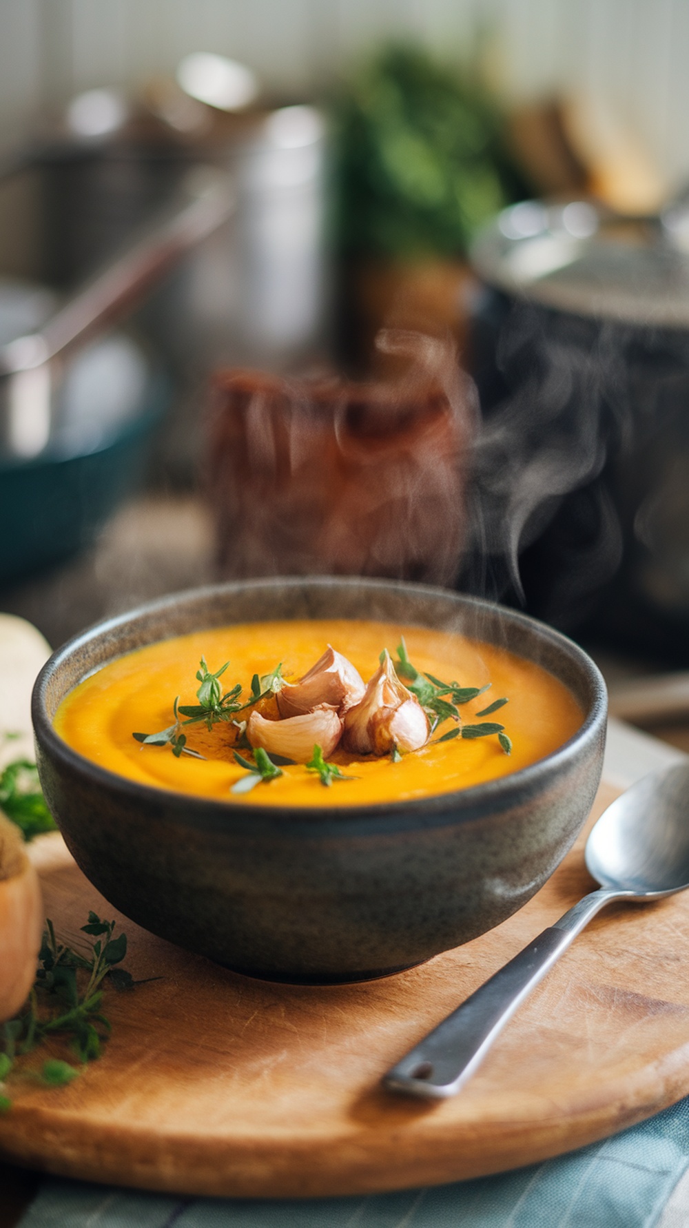 A bowl of roasted garlic and butternut squash soup garnished with garlic cloves and herbs, steaming on a wooden board.