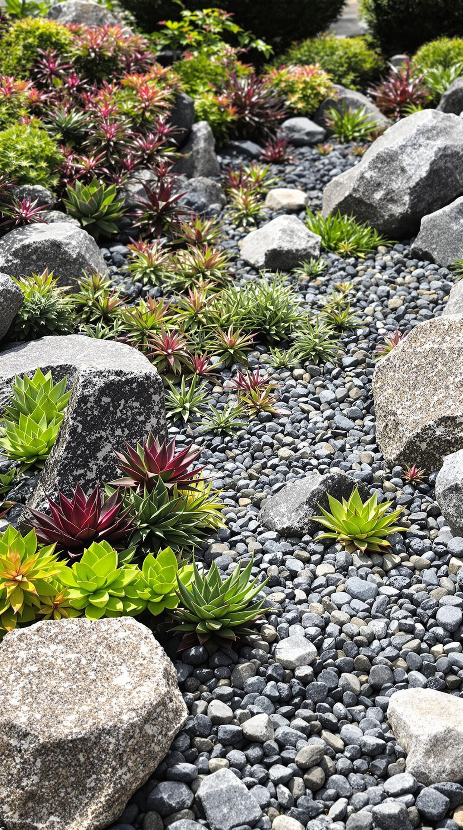 A rock garden featuring various succulents among smooth stones and pebbles.