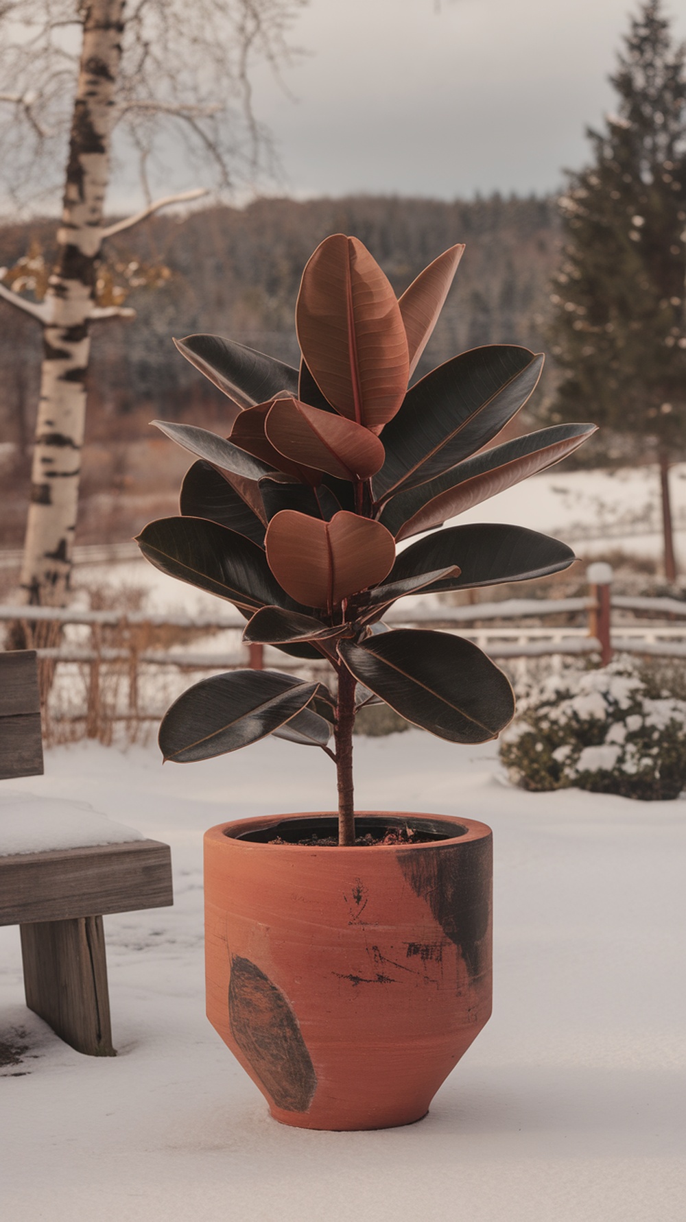 A rubber plant in a terracotta pot surrounded by snow, showcasing its large glossy leaves.