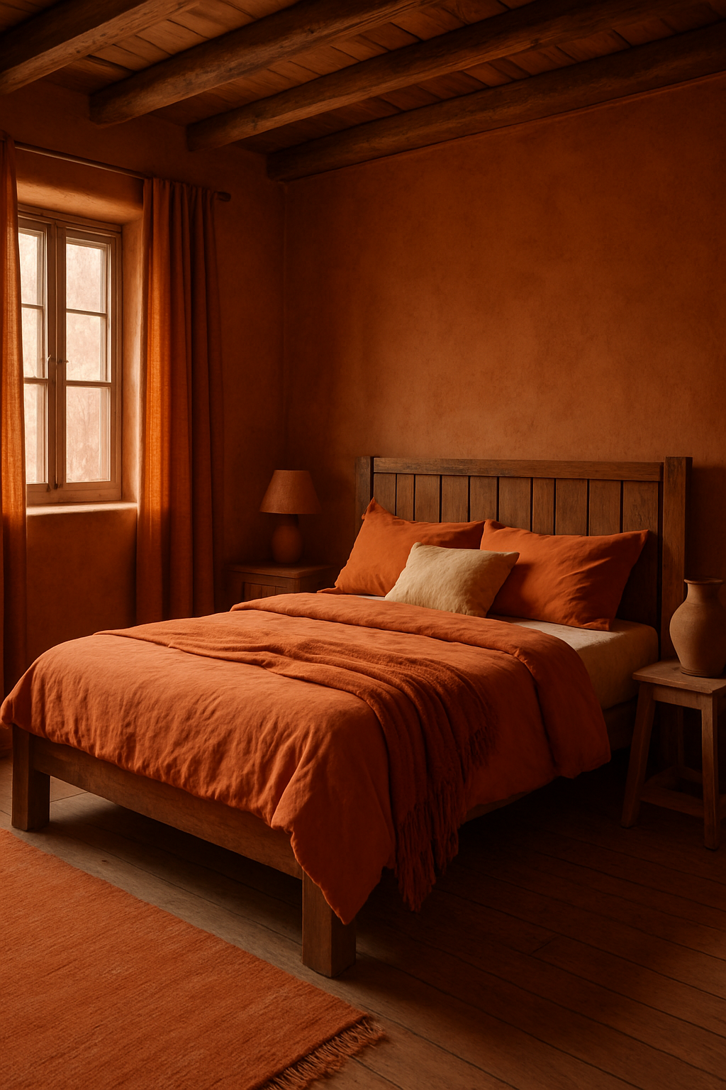 A rustic orange bedroom featuring earthy walls, wooden beams, and cozy orange bedding.