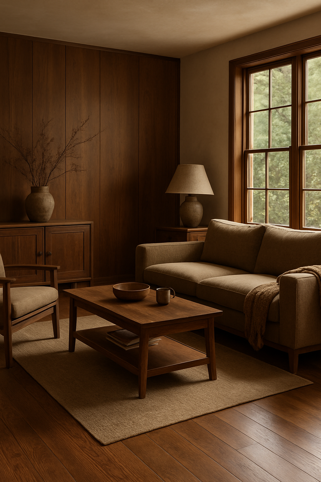 Cozy living room featuring rustic walnut finishes with wooden paneling, a comfortable sofa, and warm lighting.