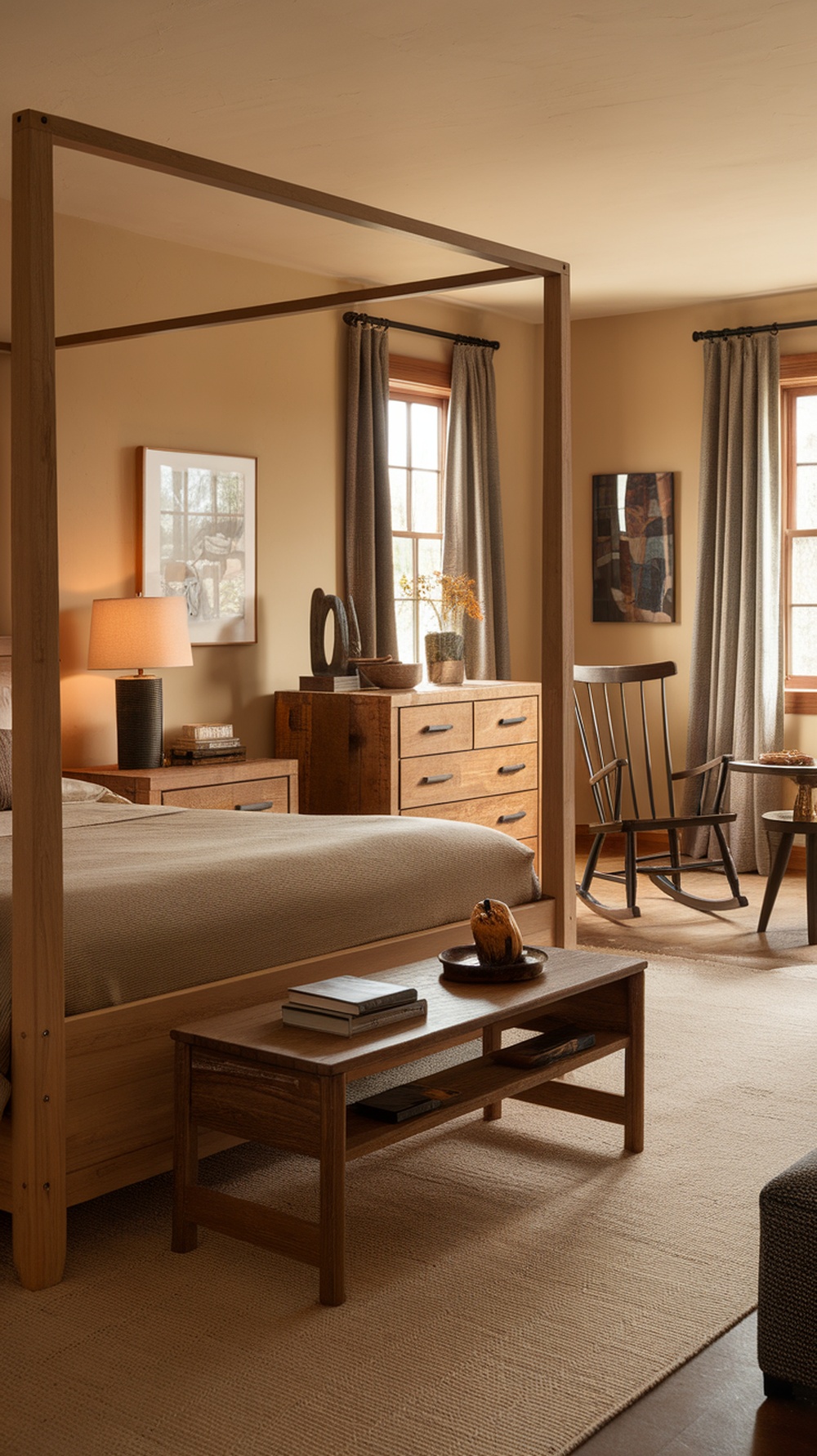 A cozy bedroom featuring rustic wood accents, including a wooden bed frame, dresser, and side tables, with warm lighting and natural decor.