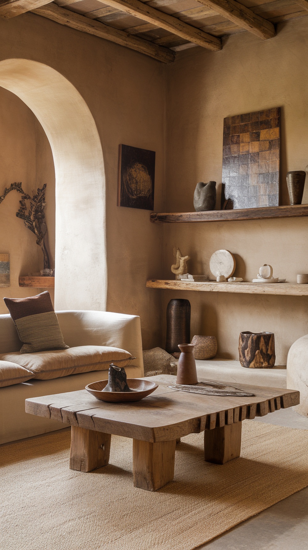 A cozy living room featuring rustic wooden accents, including a wooden coffee table and shelves with decorative items.