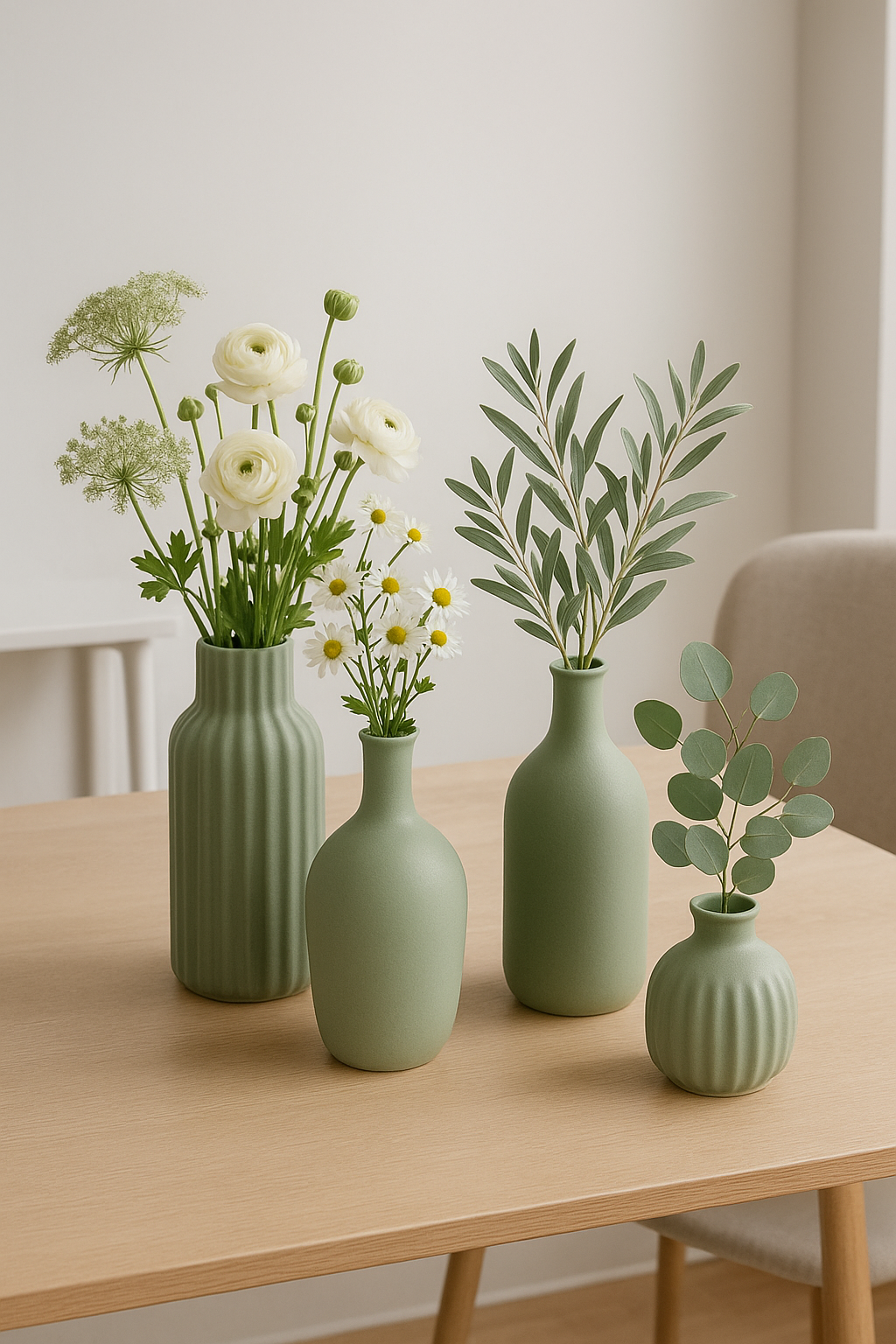 A collection of sage-colored decorative vases with flowers and greenery.