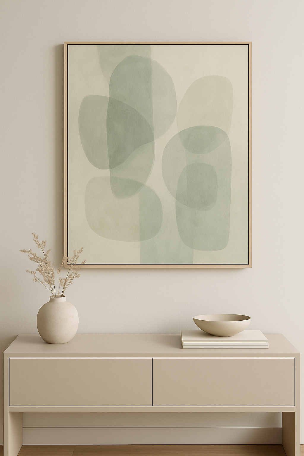 Sage-inspired abstract wall art featuring soft green shapes in a light frame