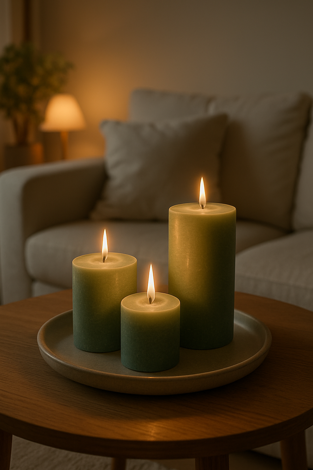 Three sage-themed candles on a tray, glowing softly in a cozy living room setting.