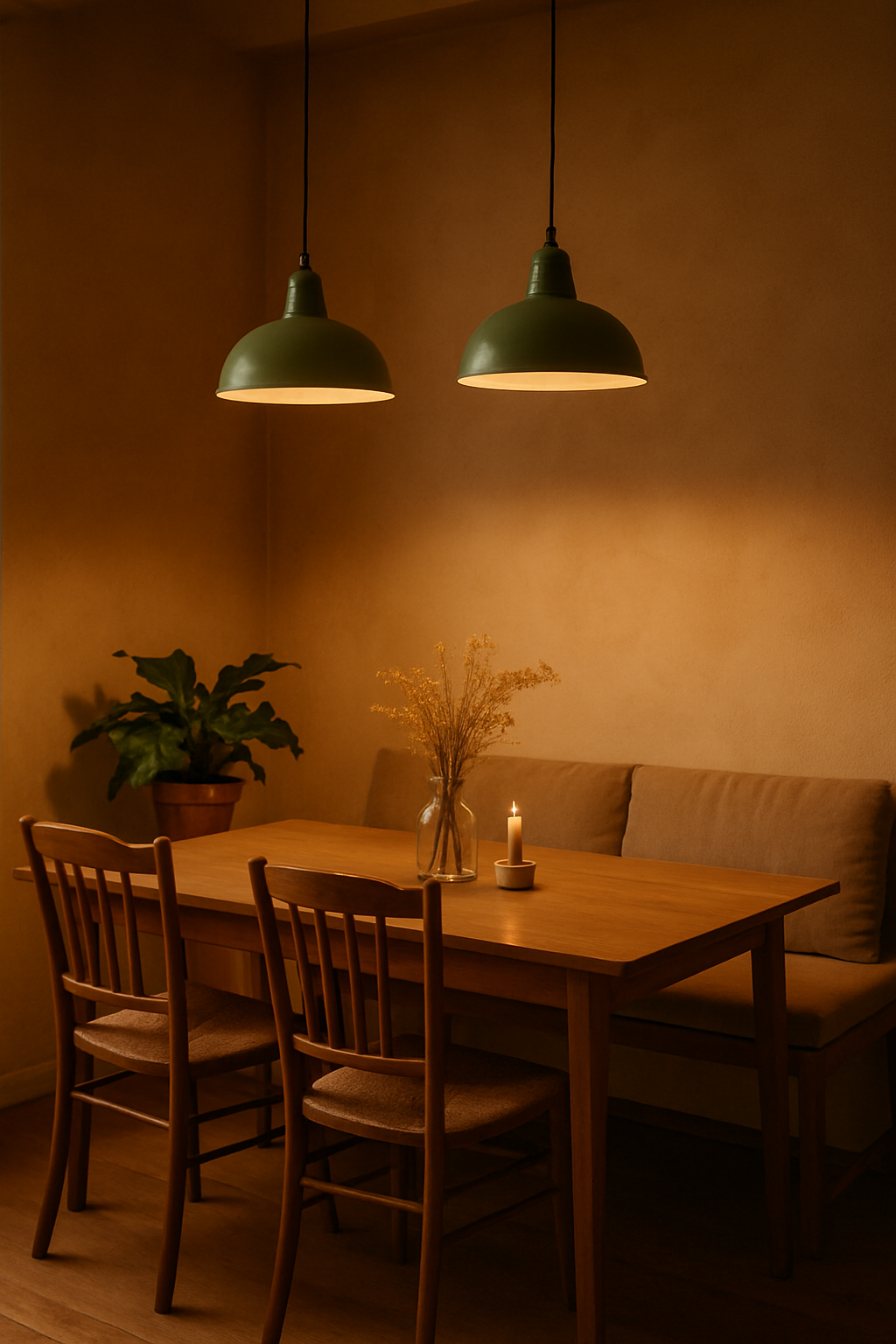 A cozy dining area featuring sage green pendant lights, a wooden table, and a vase with dried flowers.