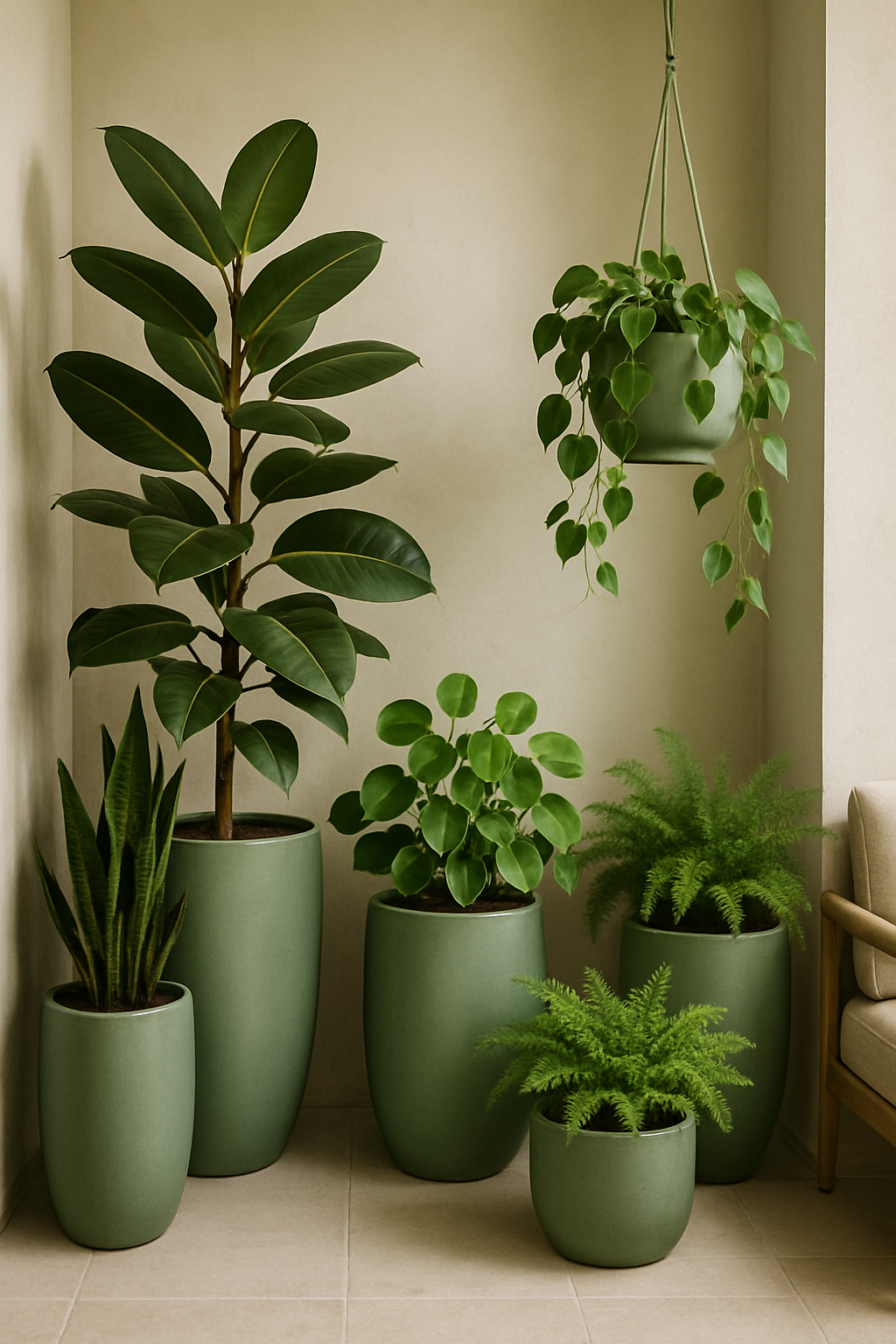A collection of sage ceramic planters with various plants, including a tall leafy plant, a hanging plant, and smaller ferns.