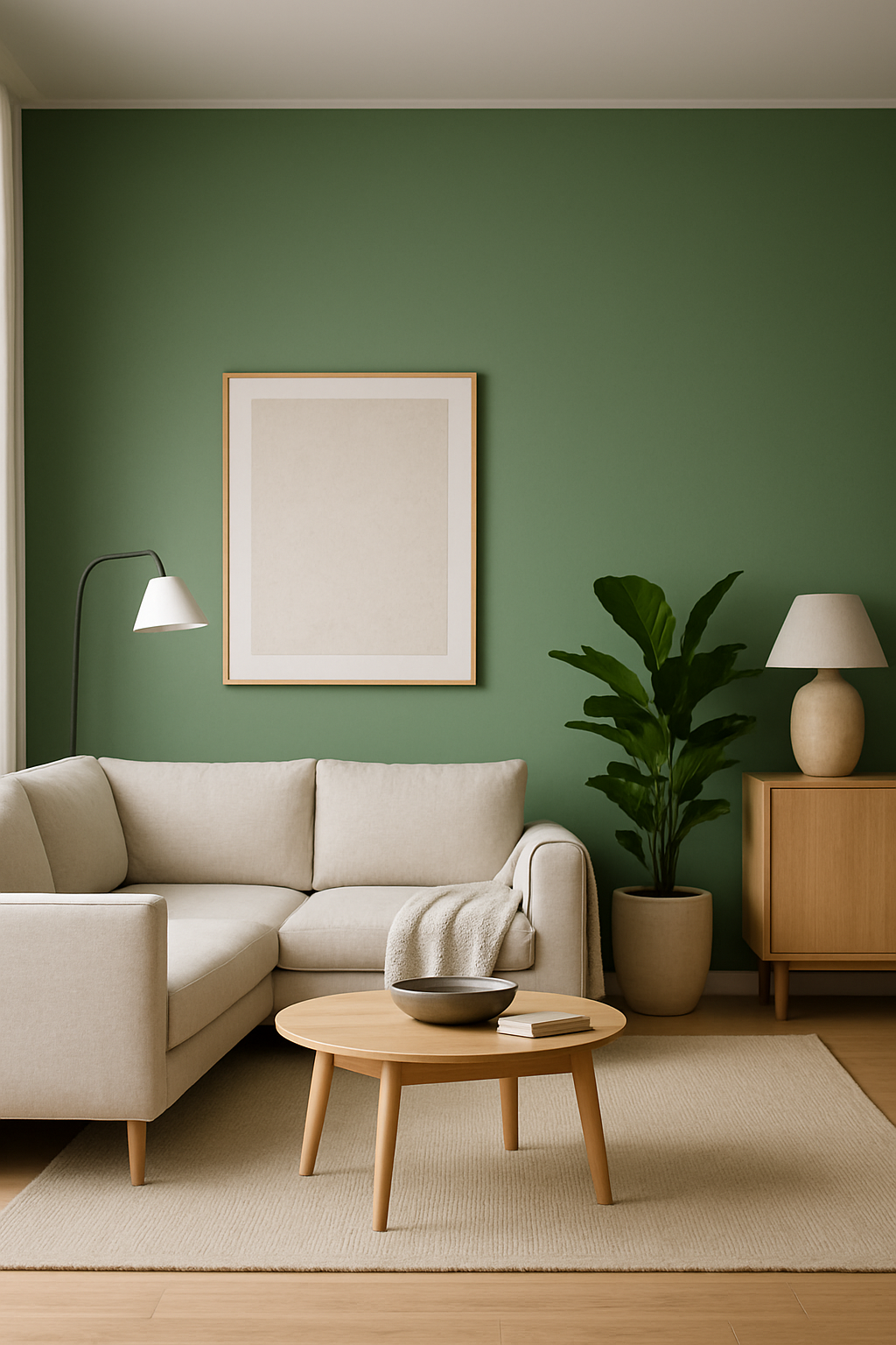Cozy living room with a sage green accent wall, light-colored sofa, and potted plant.