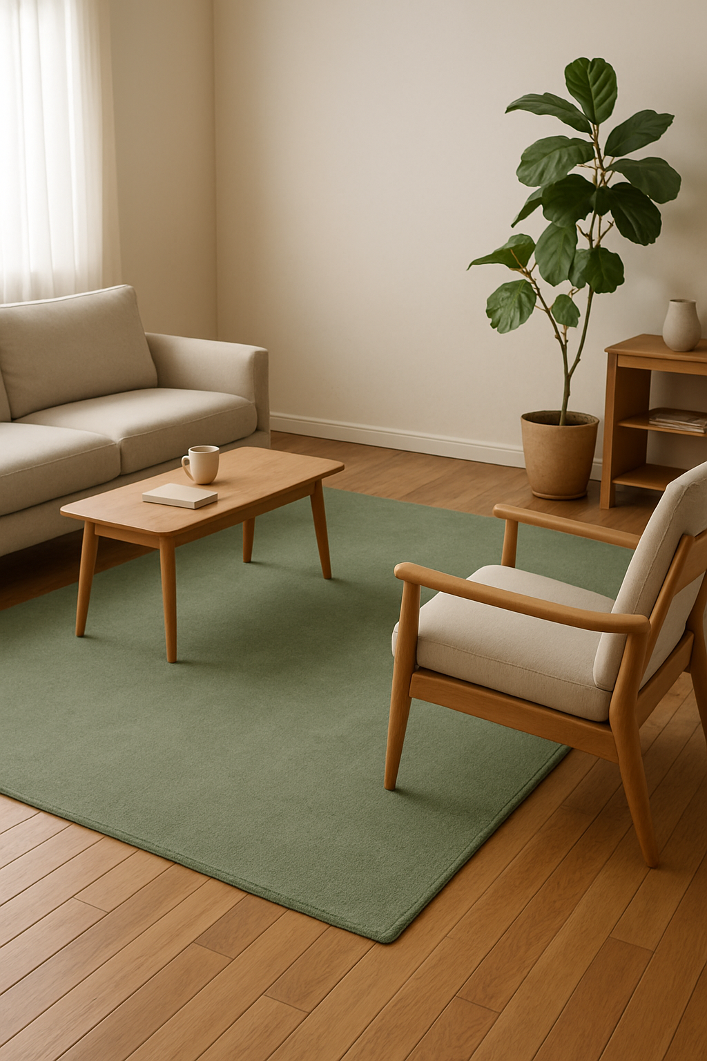 A cozy living room with a sage green area rug, light-colored furniture, and a plant.