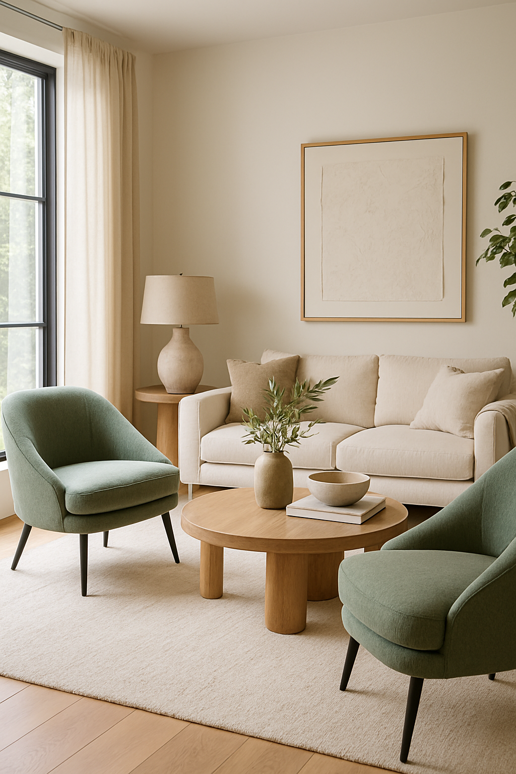 A cozy living room featuring sage green chairs, a wooden coffee table, and a light-colored sofa.