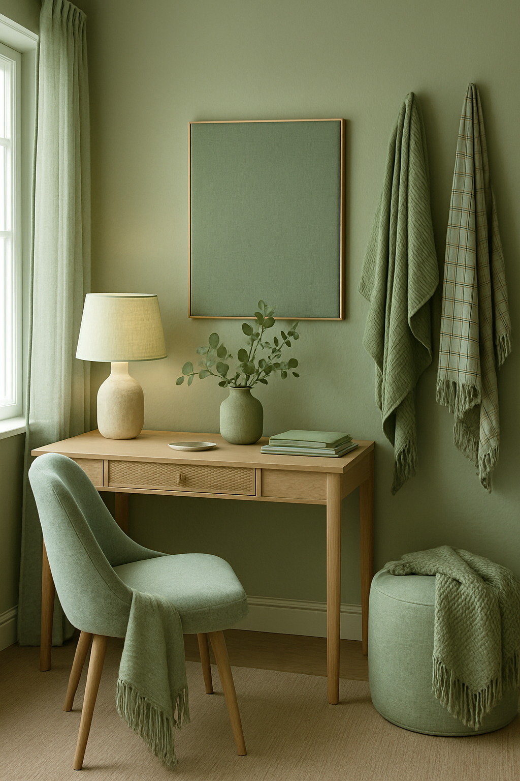 A cozy room featuring sage green textiles, including curtains, a chair, and throws, creating a calming atmosphere.