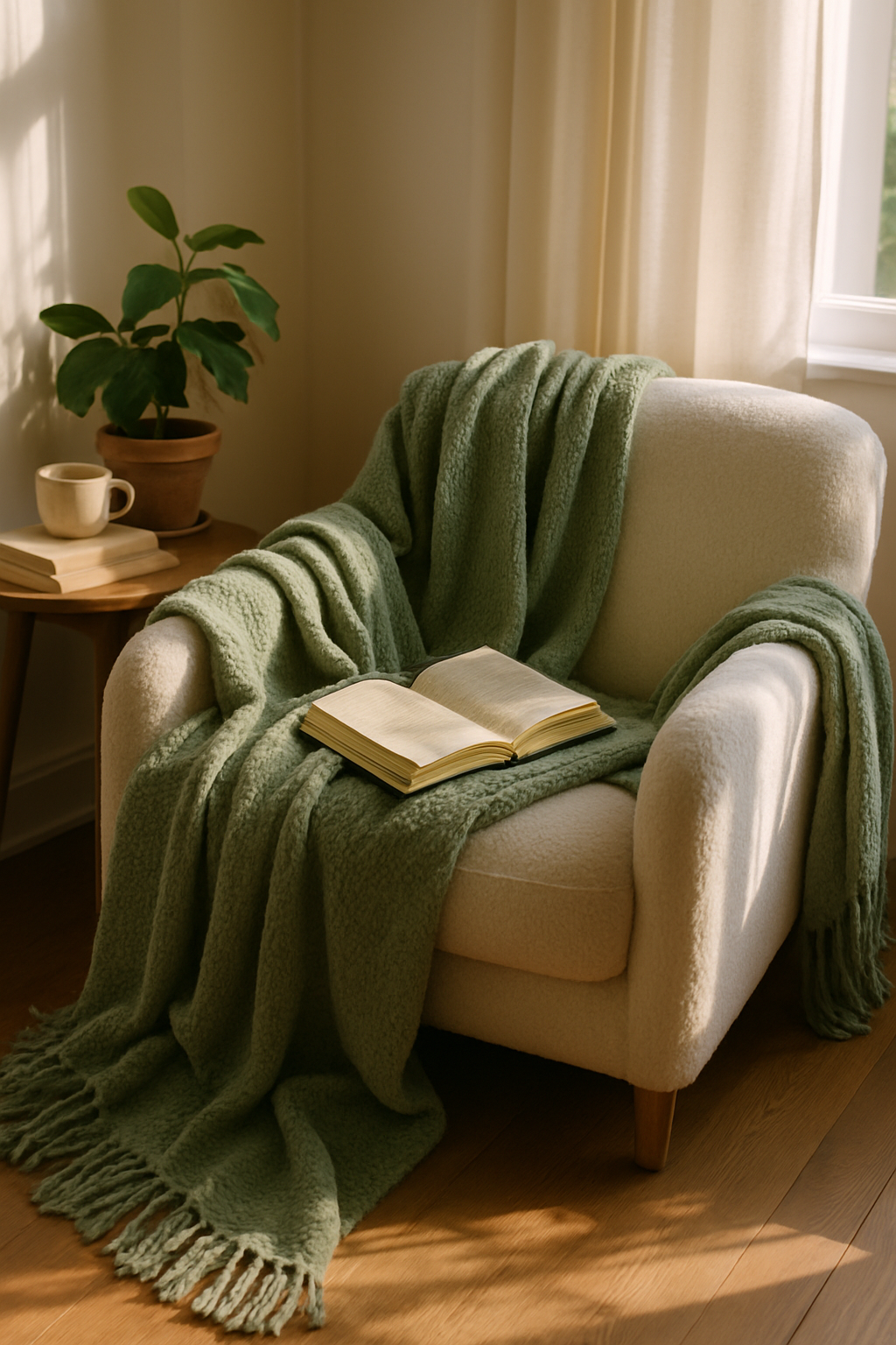 A cozy chair with a sage green throw blanket, a book, and a plant nearby, creating a calm atmosphere.
