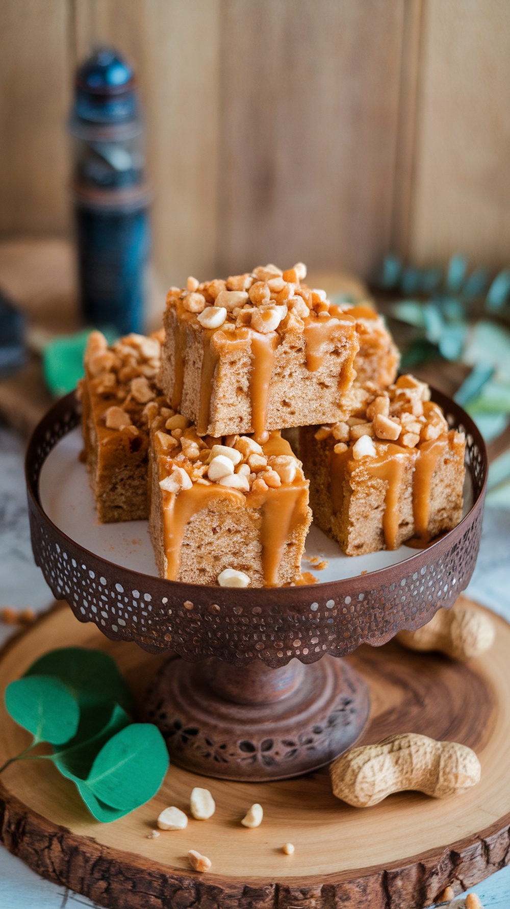 A plate of salted caramel peanut butter blondies topped with peanuts and caramel drizzle.