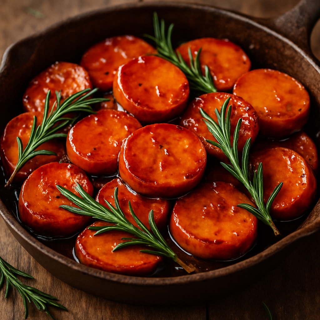 A cast iron skillet filled with round slices of candied sweet potatoes garnished with fresh rosemary.
