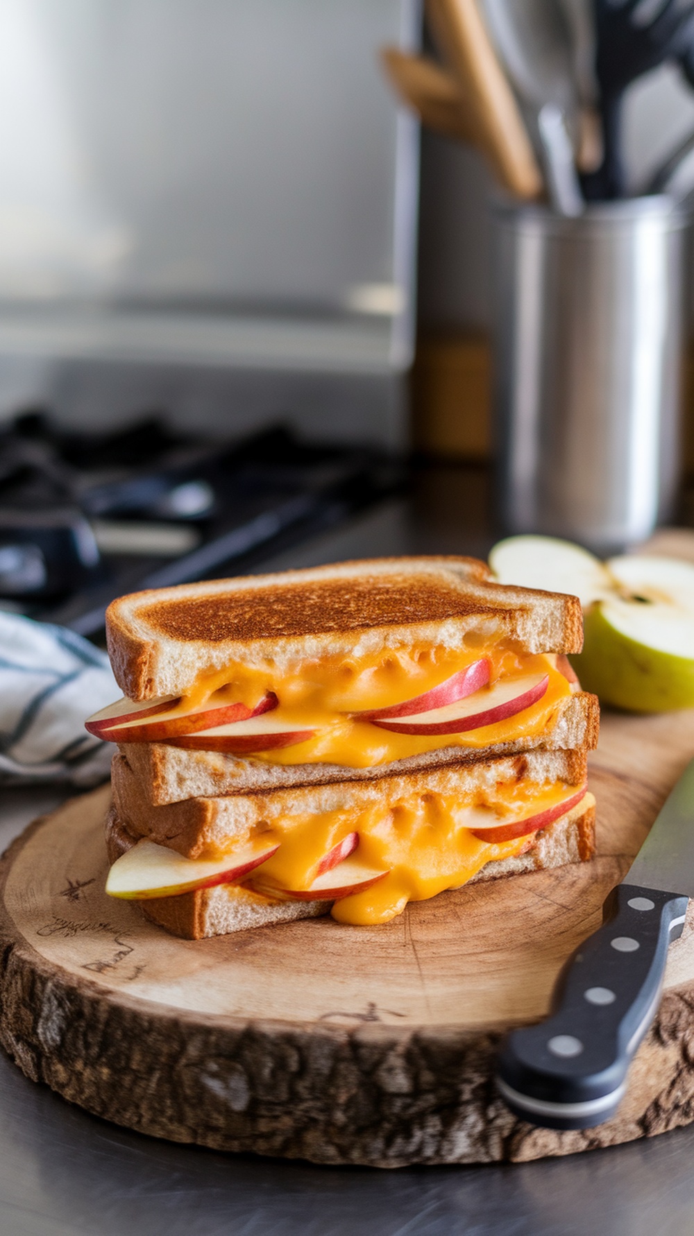 A grilled cheese sandwich with cheddar cheese and apple slices, stacked on a wooden cutting board with a knife beside it.
