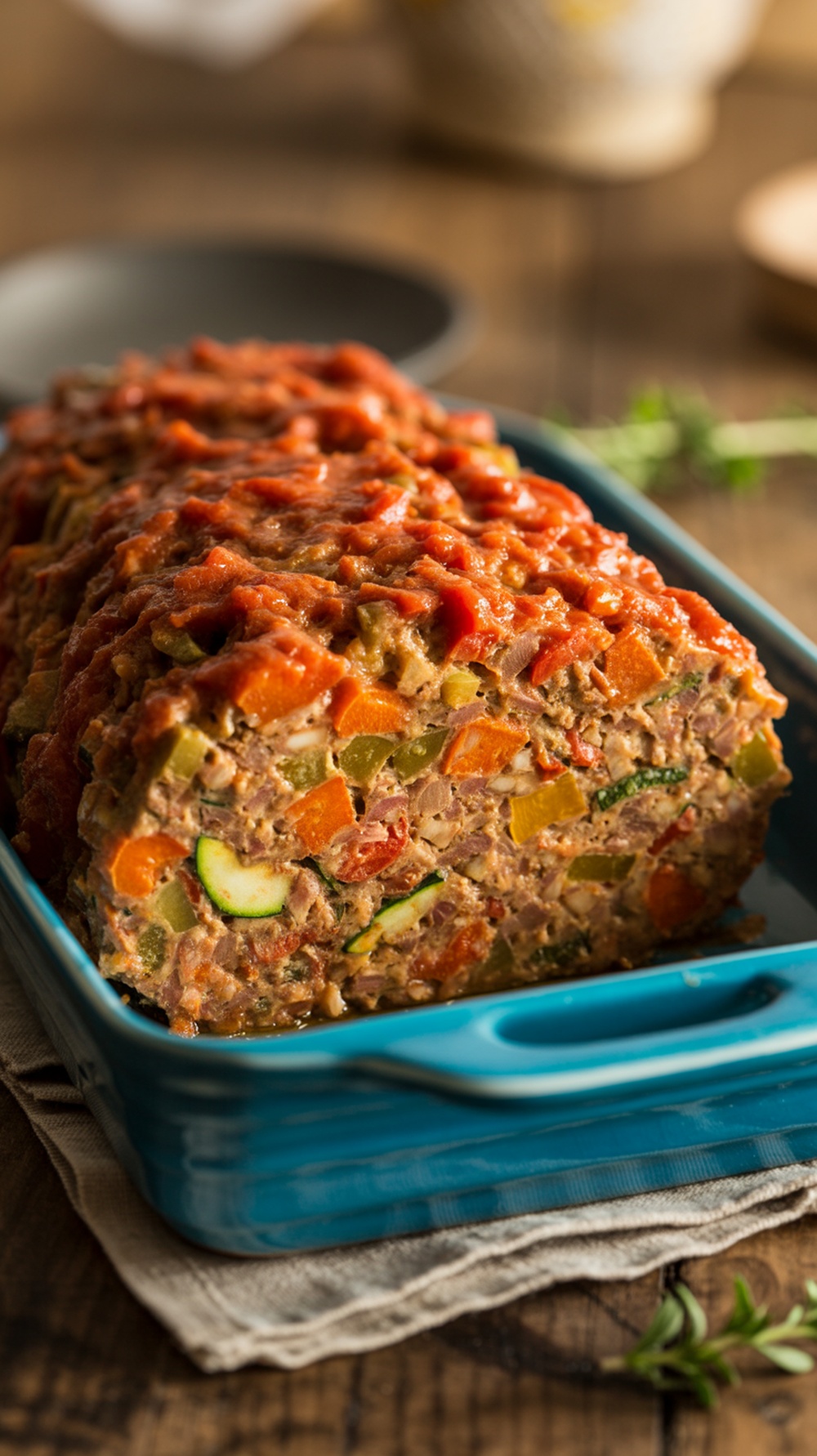 A colorful veggie-loaded meatloaf topped with sliced bell peppers, served on a decorative plate.