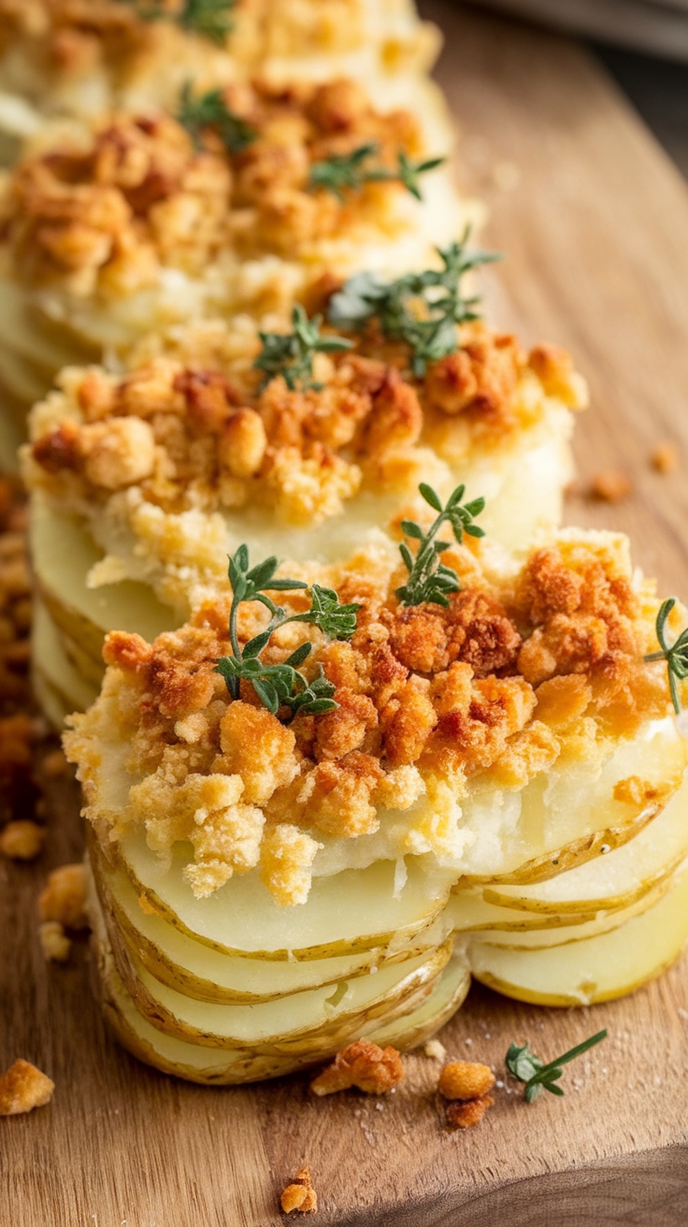 A close-up of scalloped potatoes with a crunchy topping, garnished with thyme.