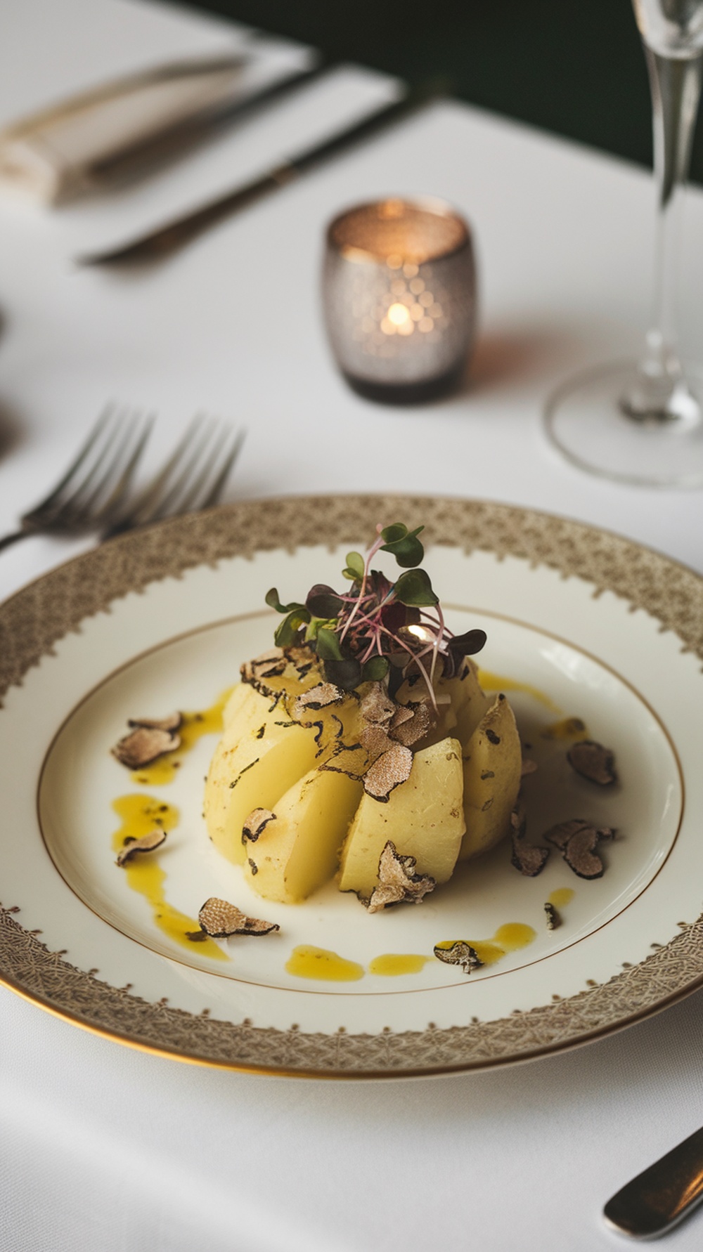 Elegant scalloped potatoes with truffle oil, garnished with microgreens and truffle slices on a decorative plate.