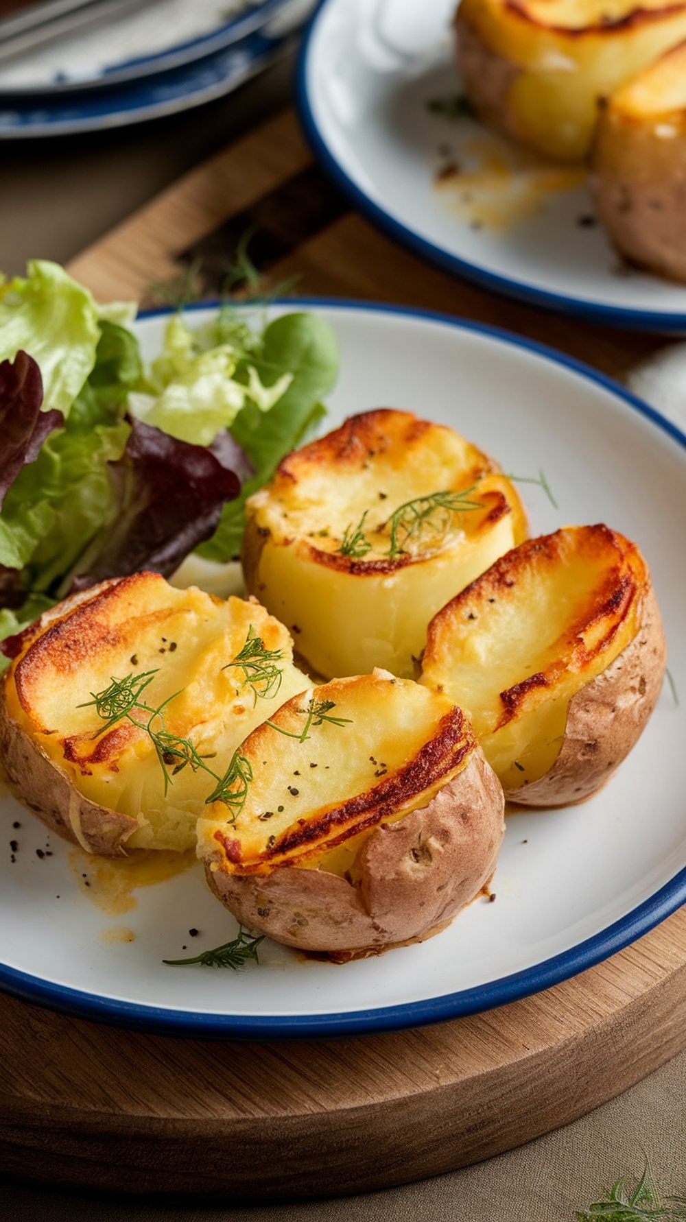 A plate of scalloped potatoes with Gruyère cheese, served with a side salad.