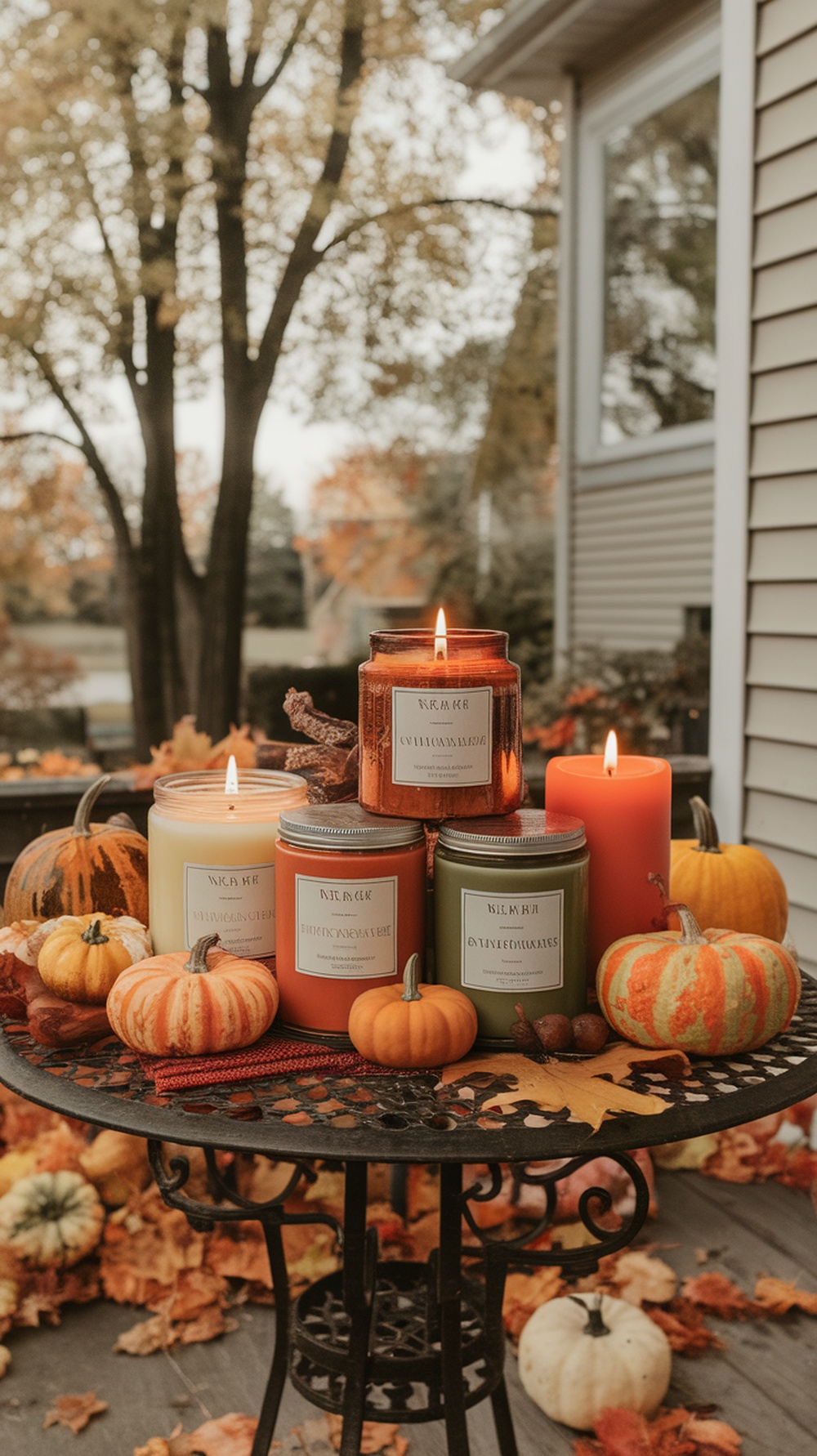 A cozy fall candle display with pumpkins and autumn leaves on a porch.