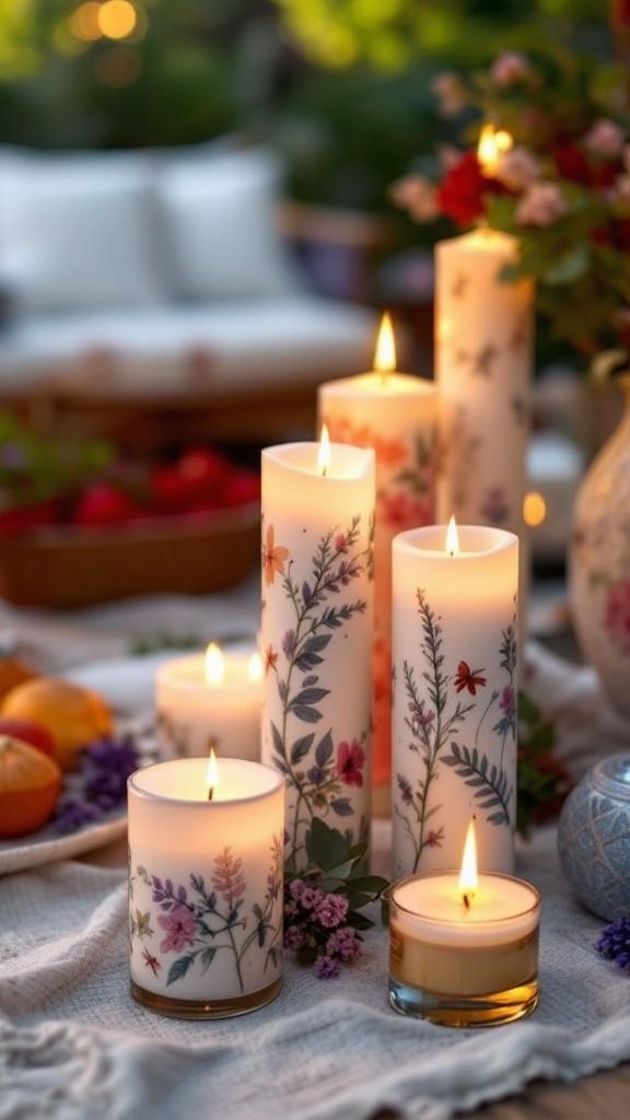 A collection of various scented candles lit on a table, creating a cozy atmosphere.