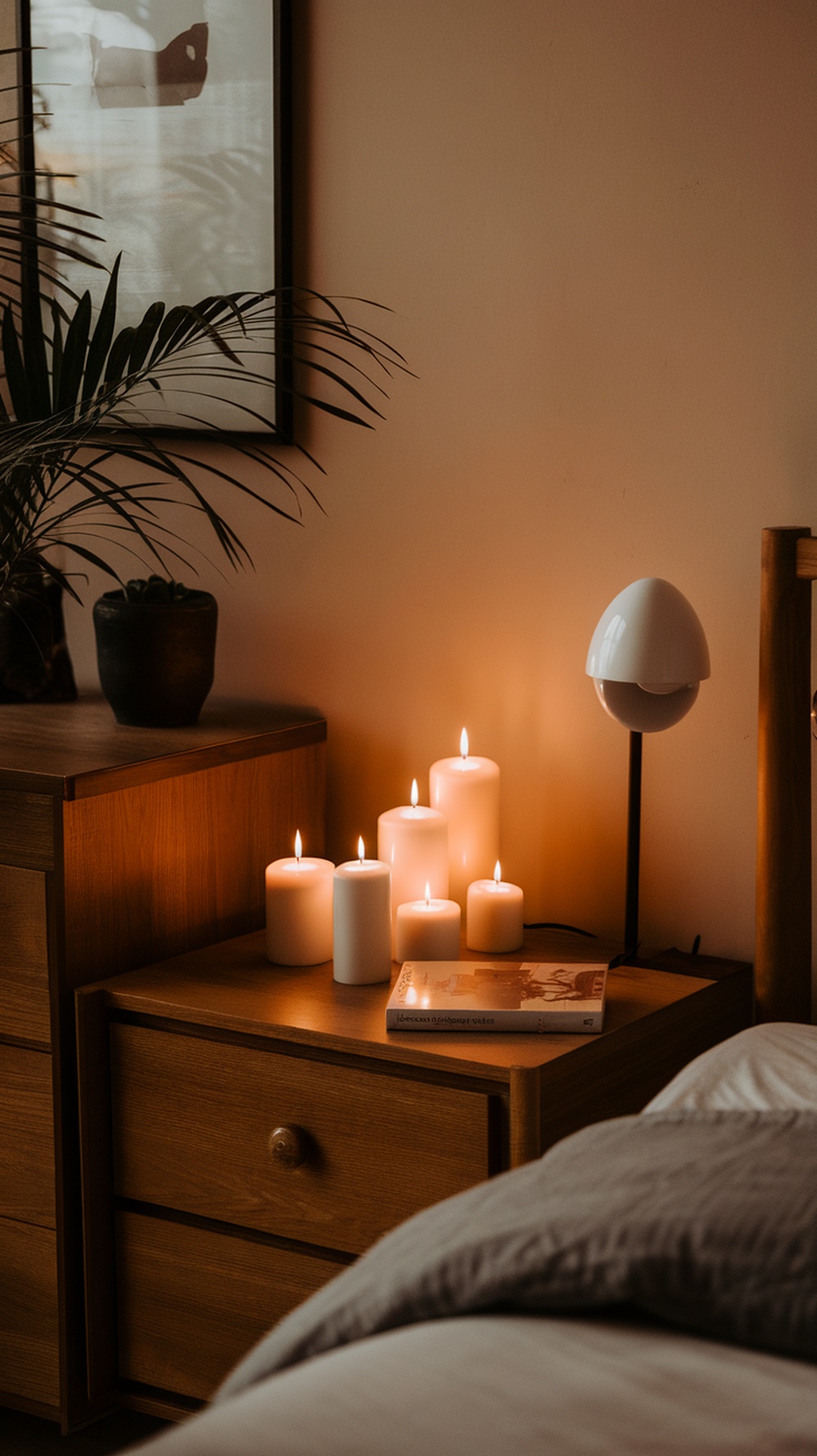 A cozy bedroom scene with white scented candles on a bedside table, creating a warm atmosphere.