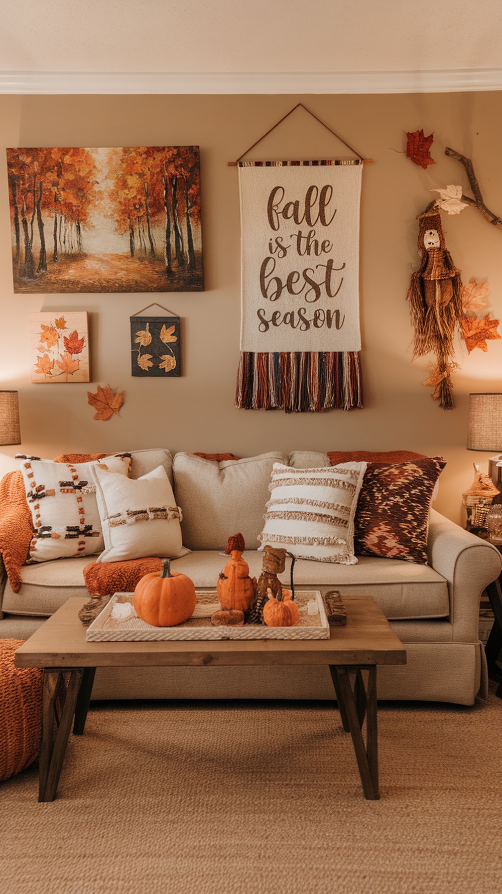 Cozy fall-themed living room with seasonal artwork and decor