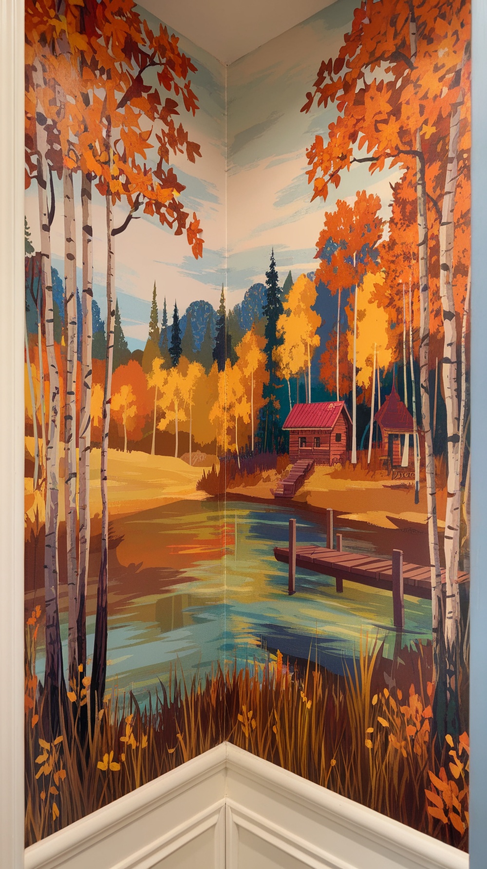 A vibrant mural depicting an autumn landscape with colorful trees, a cabin, and a lake.