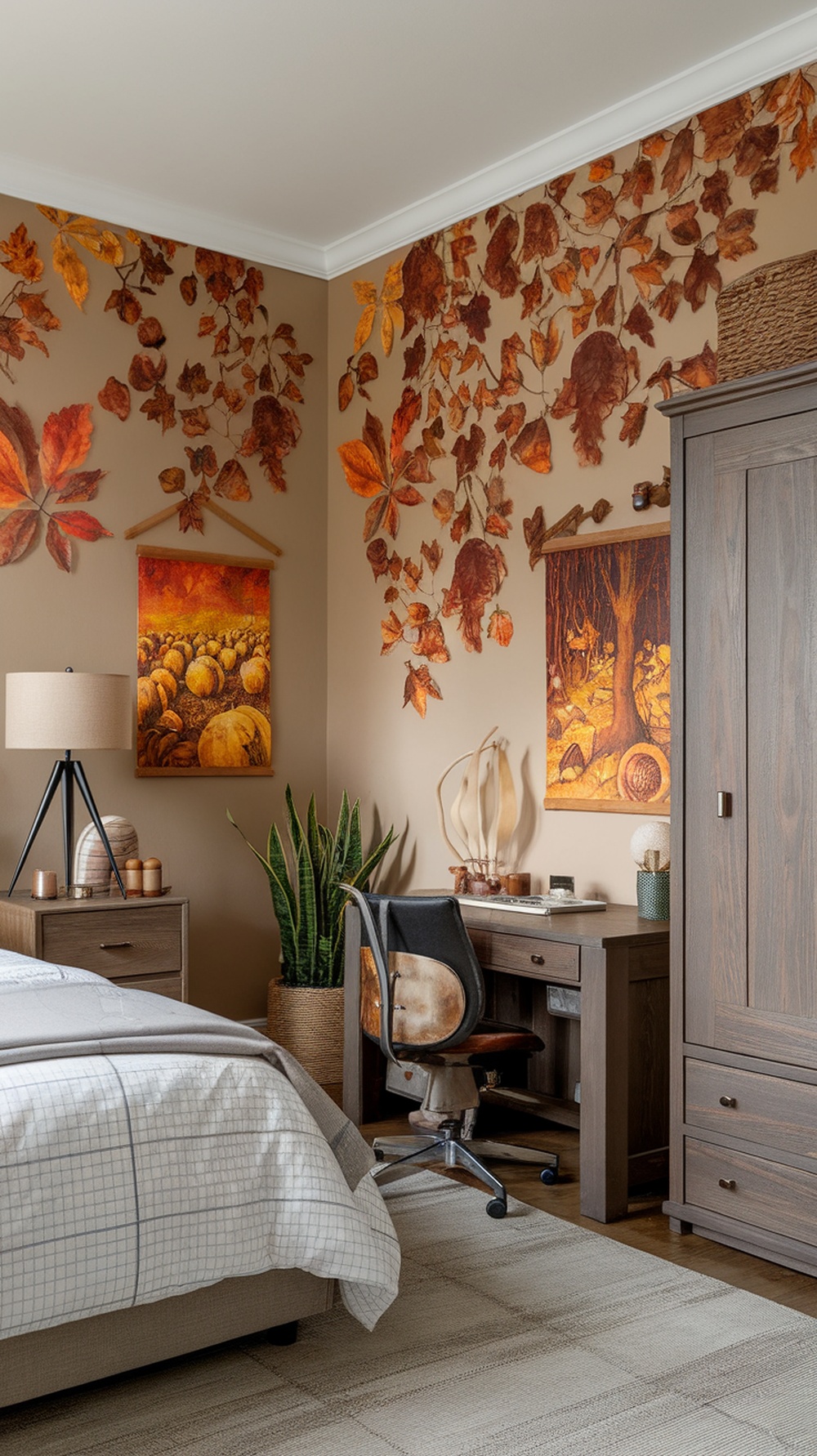 A cozy bedroom featuring seasonal artwork with autumn leaves and pumpkins on the walls.