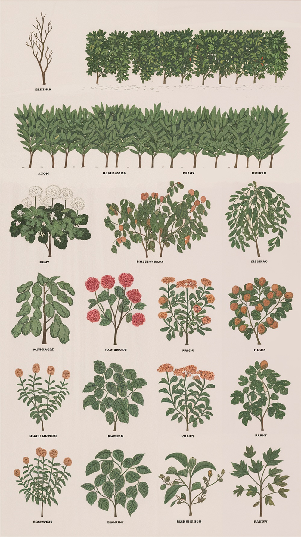 Illustration of various plants suitable for living fences, showing seasonal growth and care.