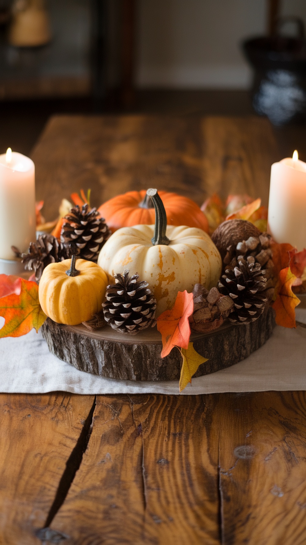 A fall-themed centerpiece with pumpkins, pinecones, and autumn leaves on a wooden table.