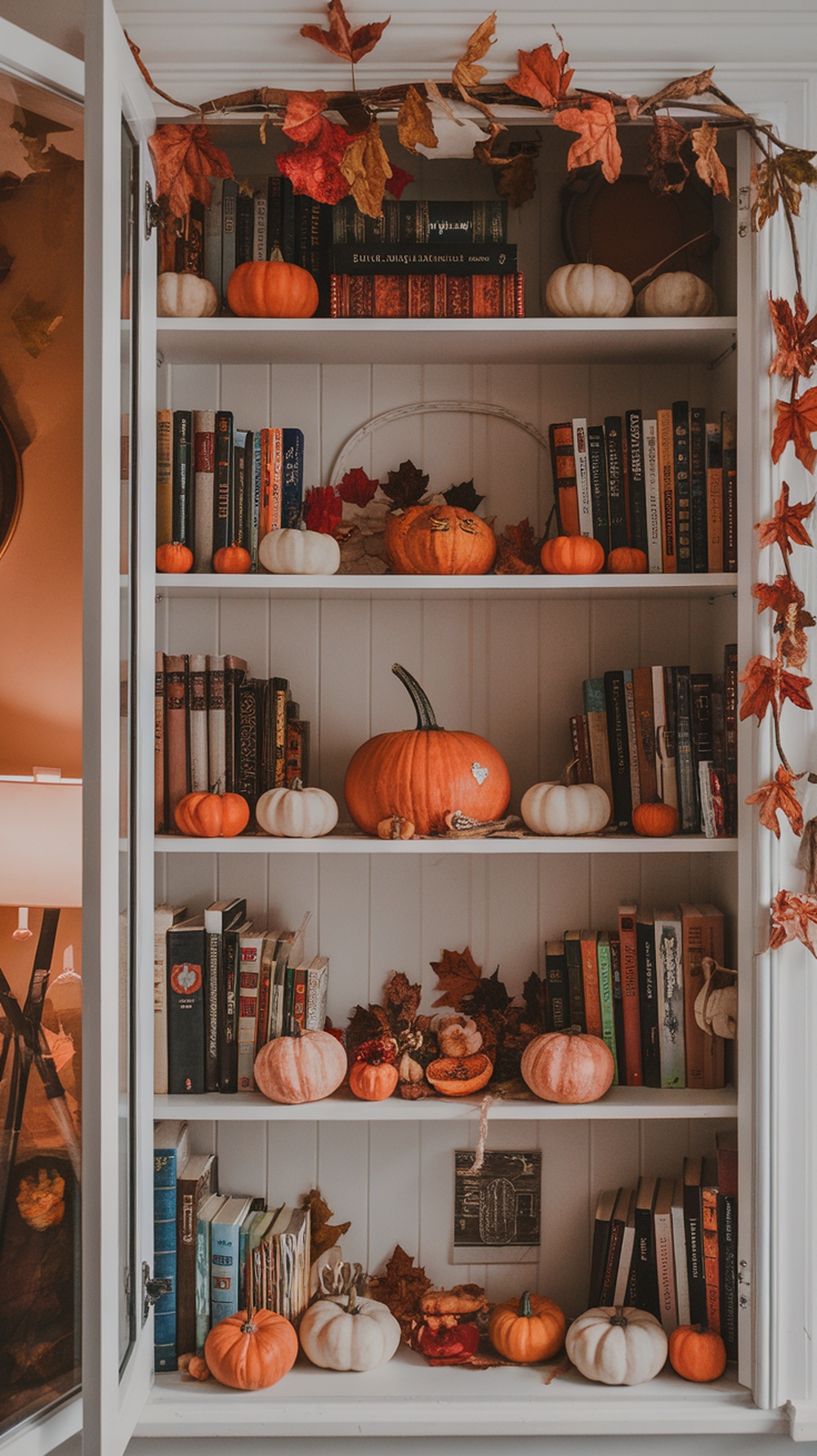 A beautifully arranged bookshelf with pumpkins, autumn leaves, and books, showcasing a fall theme.