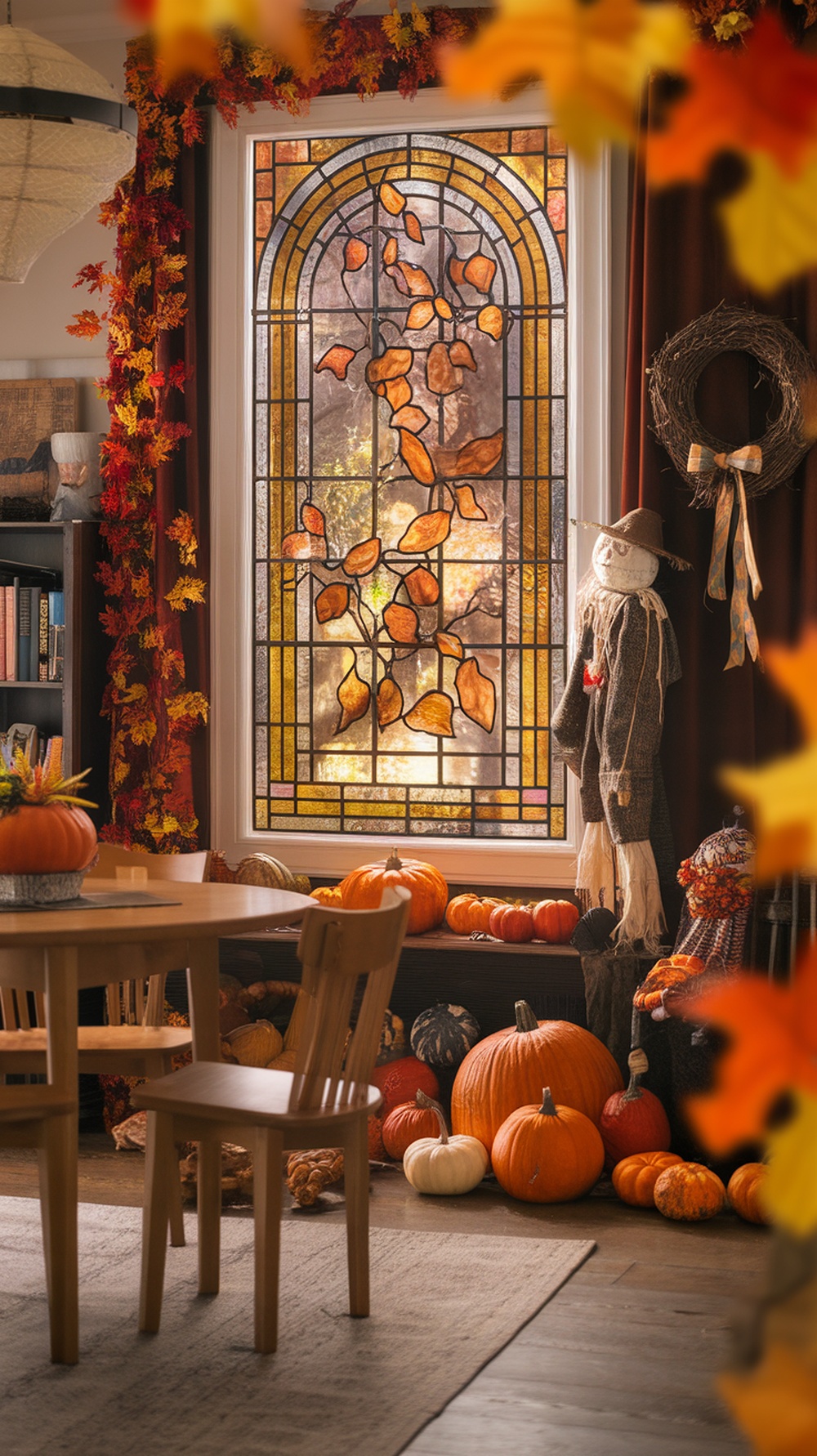 Cozy room with stained glass window film featuring autumn leaves, decorated with pumpkins and fall decor.