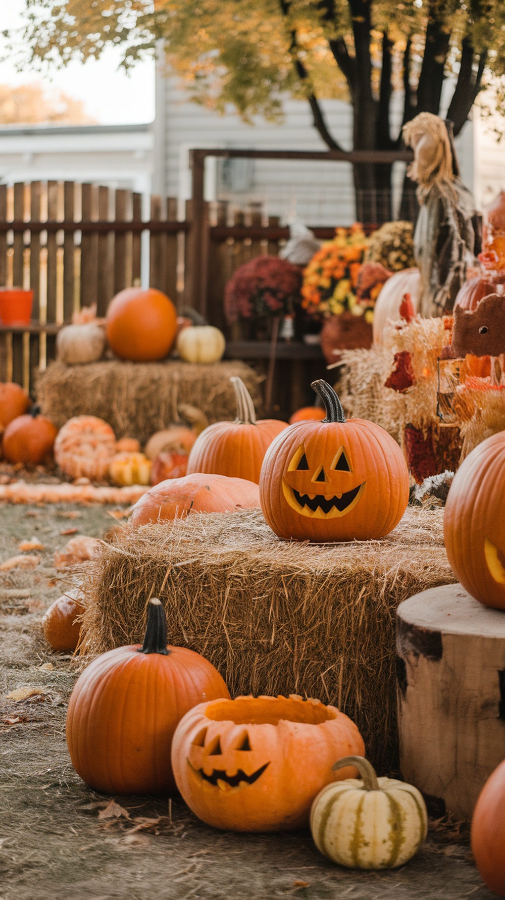 A cozy fall backyard party setup with pumpkins and hay bales.