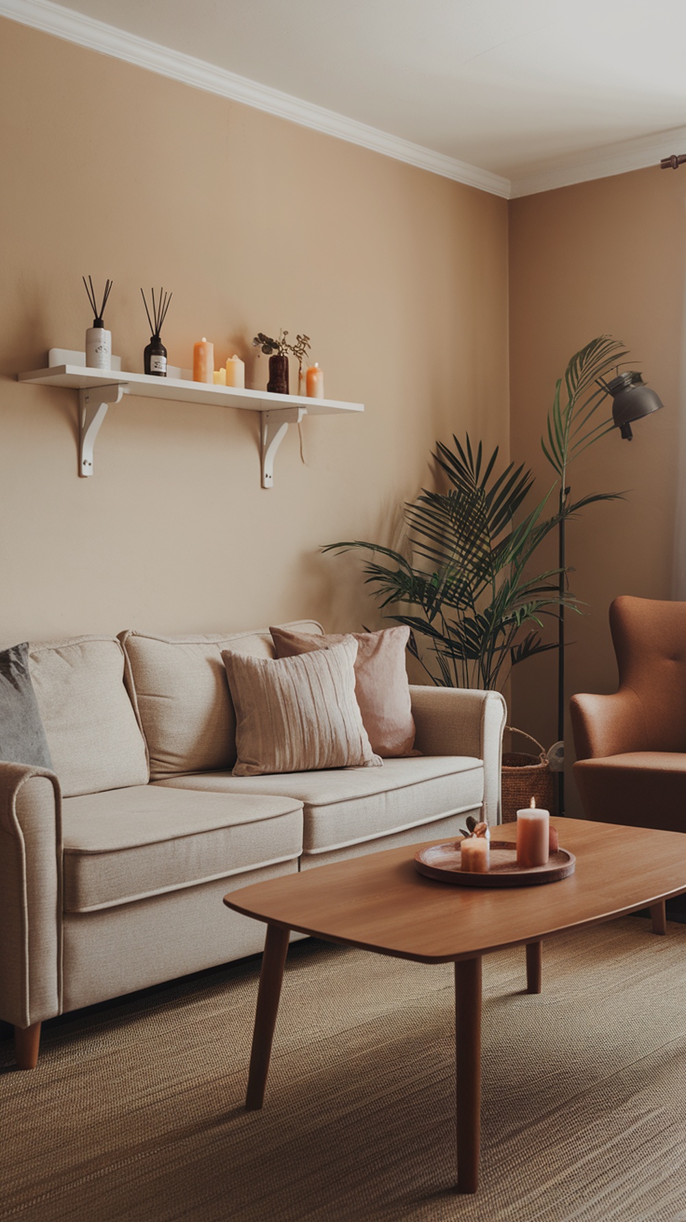 Cozy living room with candles and diffusers on a shelf, featuring warm tones and a comfortable sofa.