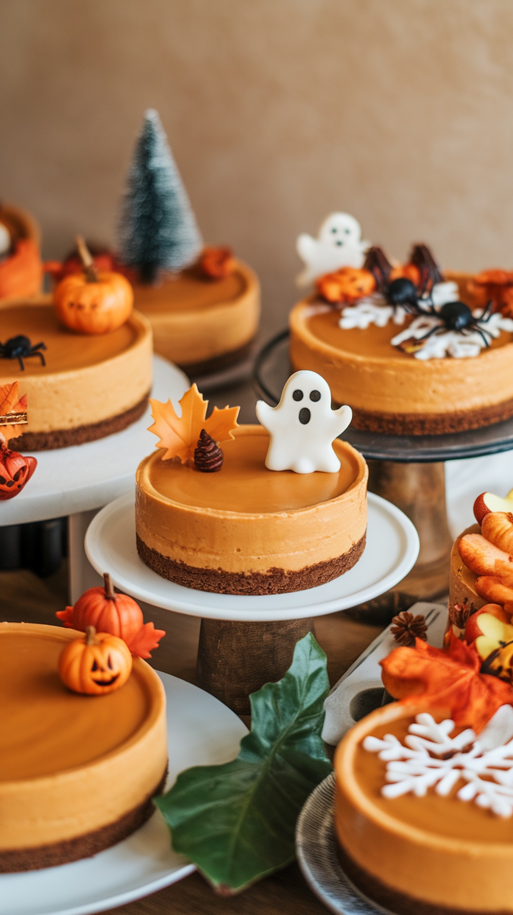 A variety of caramel apple cheesecakes decorated for autumn with pumpkins, ghosts, and leaves.