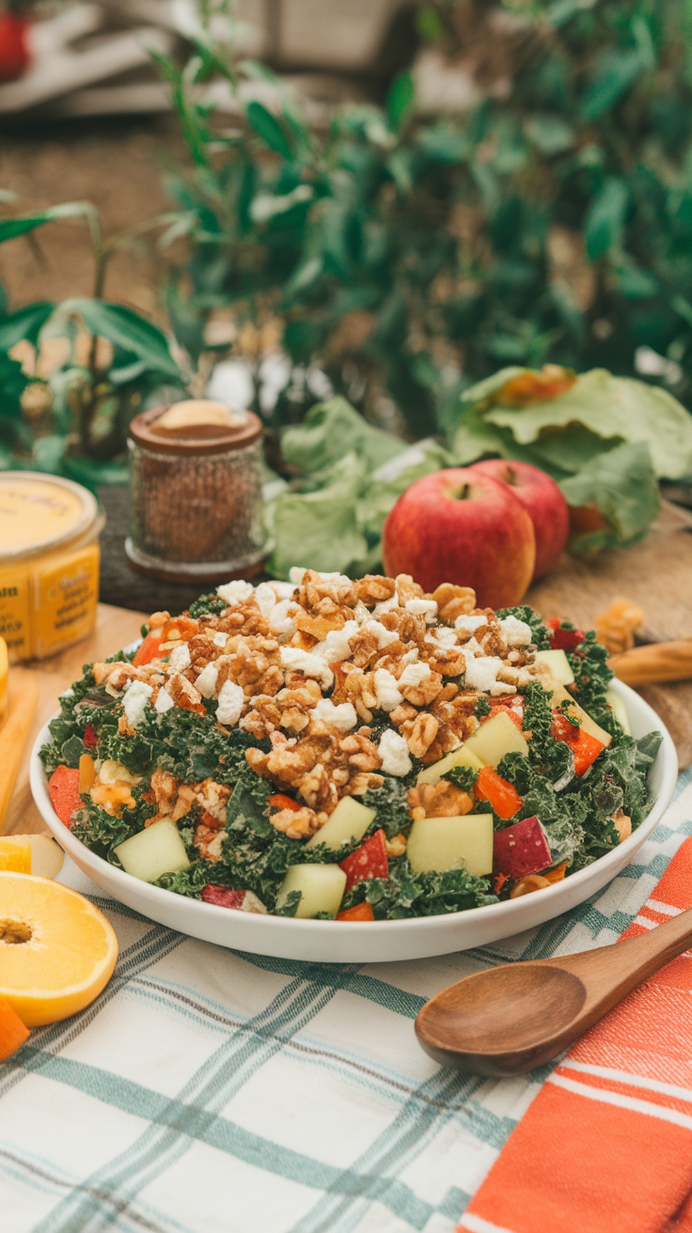 A colorful kale apple salad with walnuts, apples, and cheese, surrounded by fresh ingredients.
