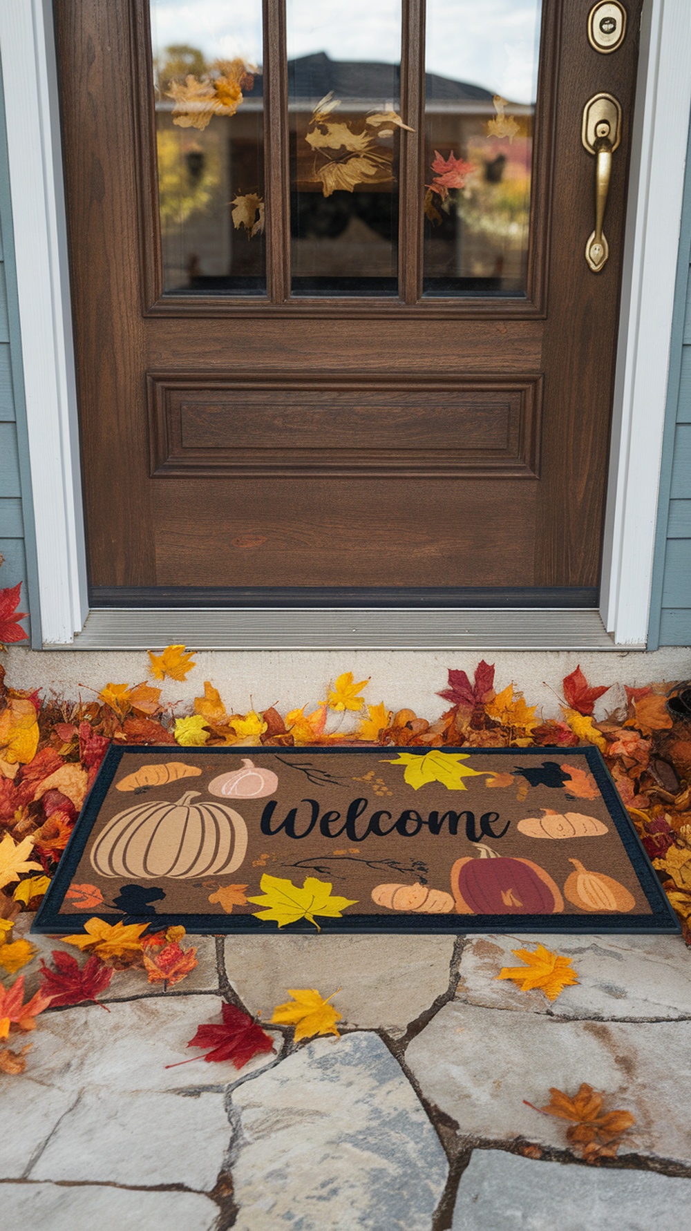 A welcome mat with pumpkins and autumn leaves at a front door, surrounded by colorful leaves.
