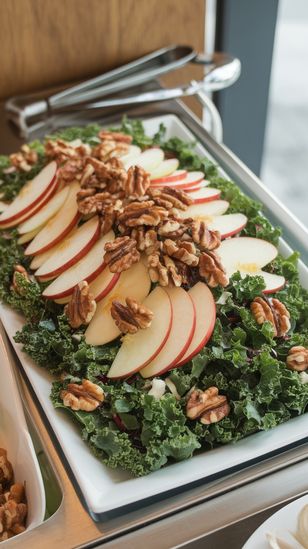 A beautifully arranged kale apple salad topped with apple slices and walnuts.