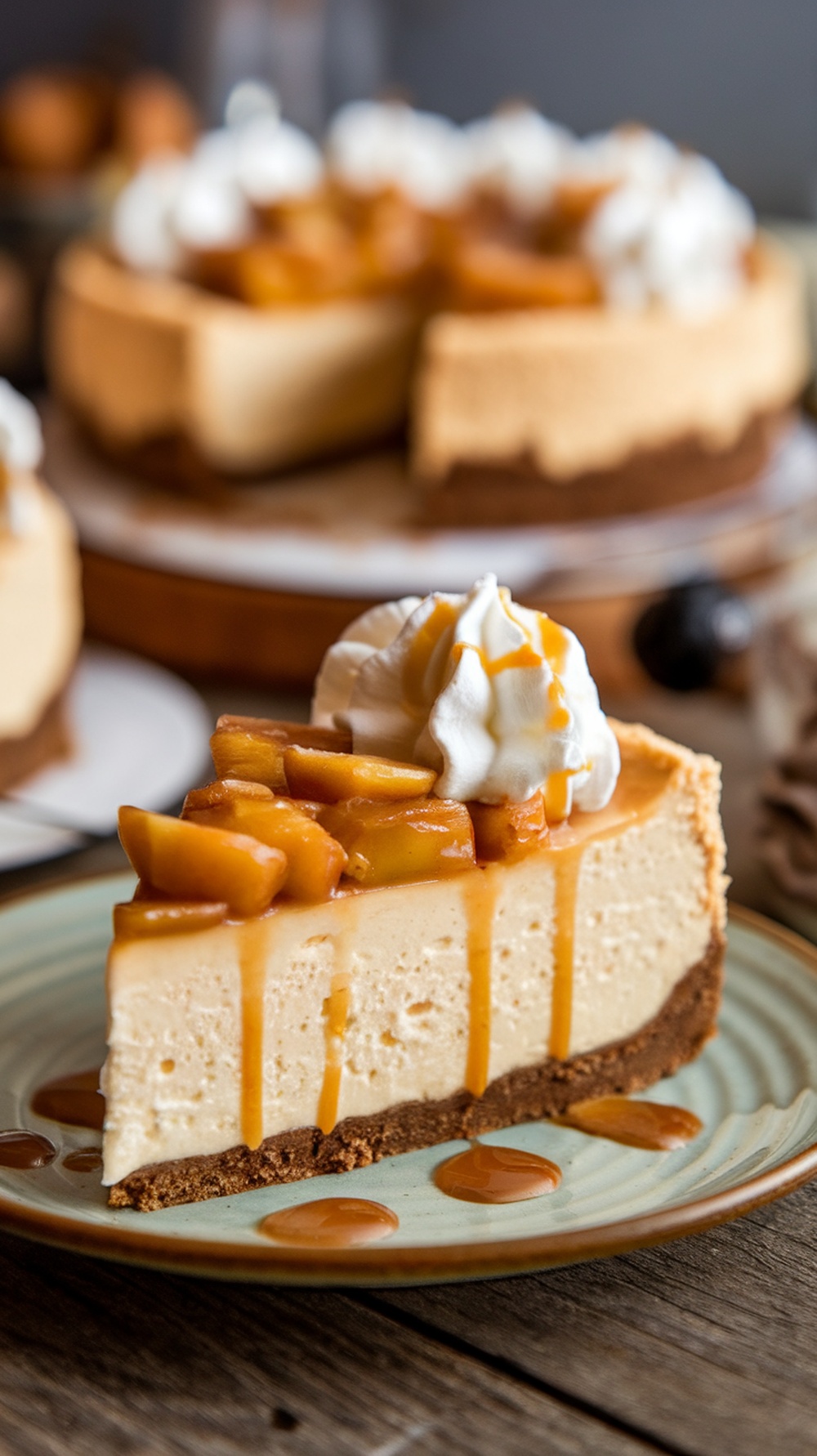 Slice of caramel apple cheesecake topped with whipped cream and caramel sauce