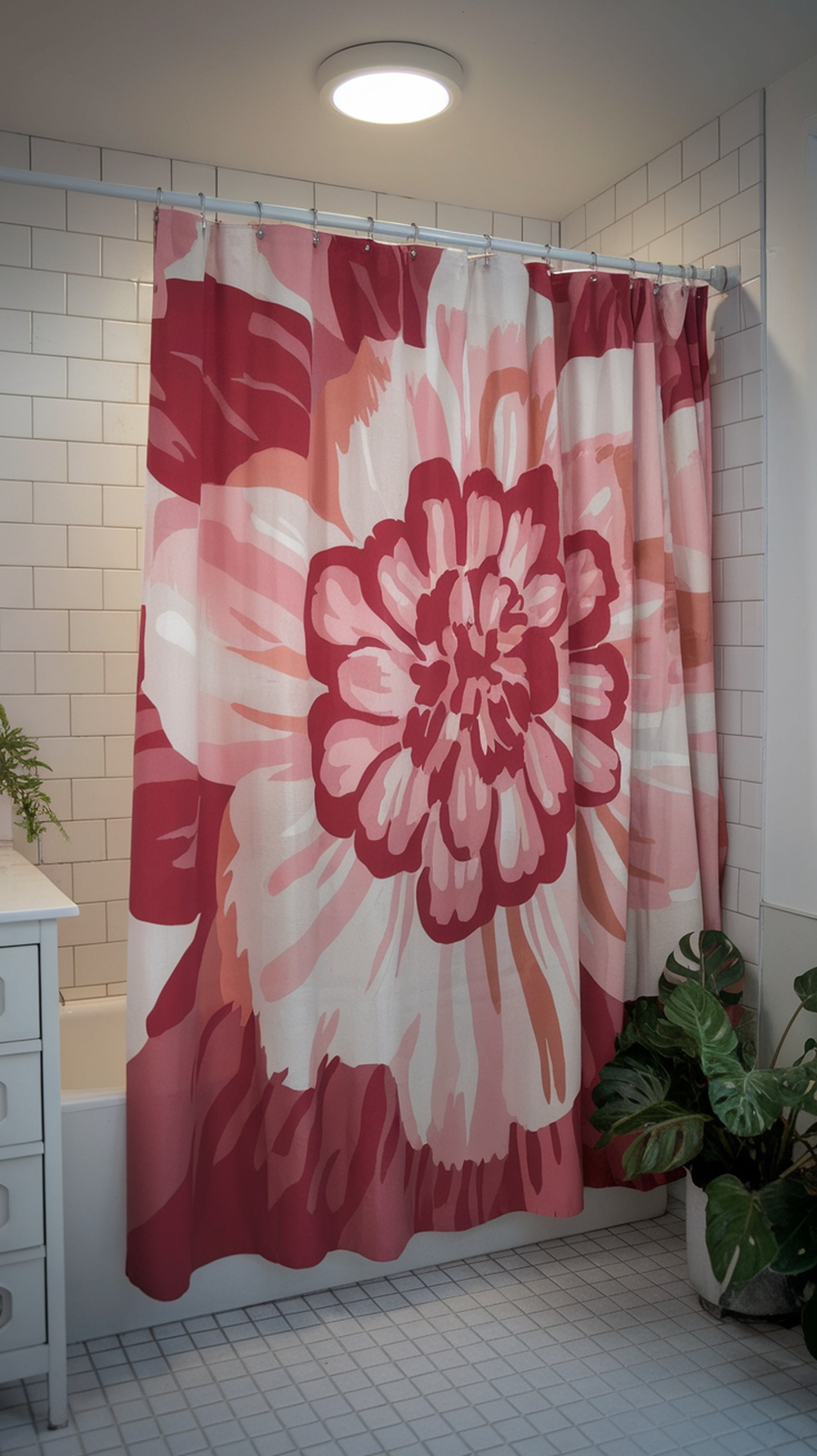 A vibrant floral shower curtain in a modern bathroom setting.
